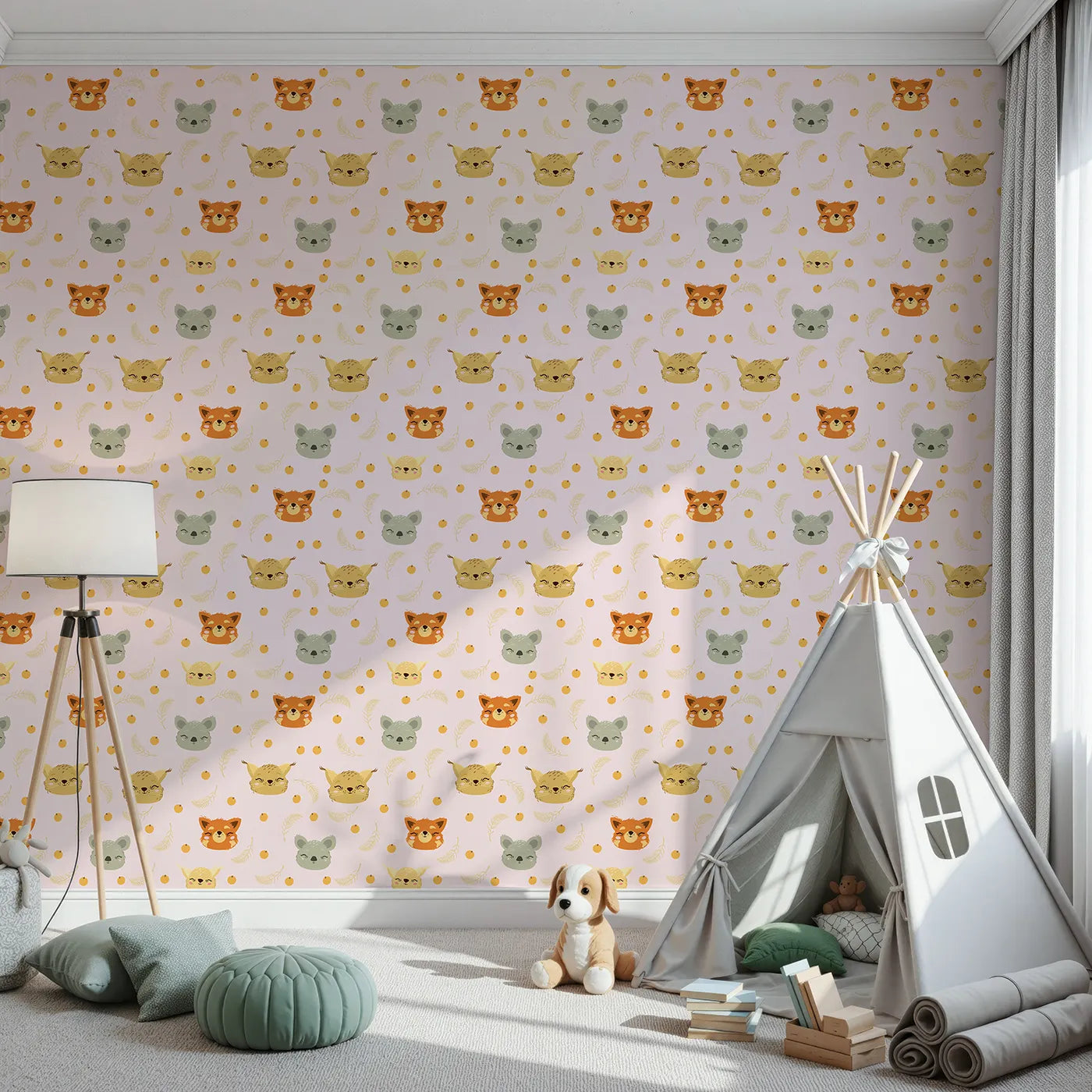 Front view of Whimsy Tots' Outback Snuggle Faces Wallpaper in Blush Pink