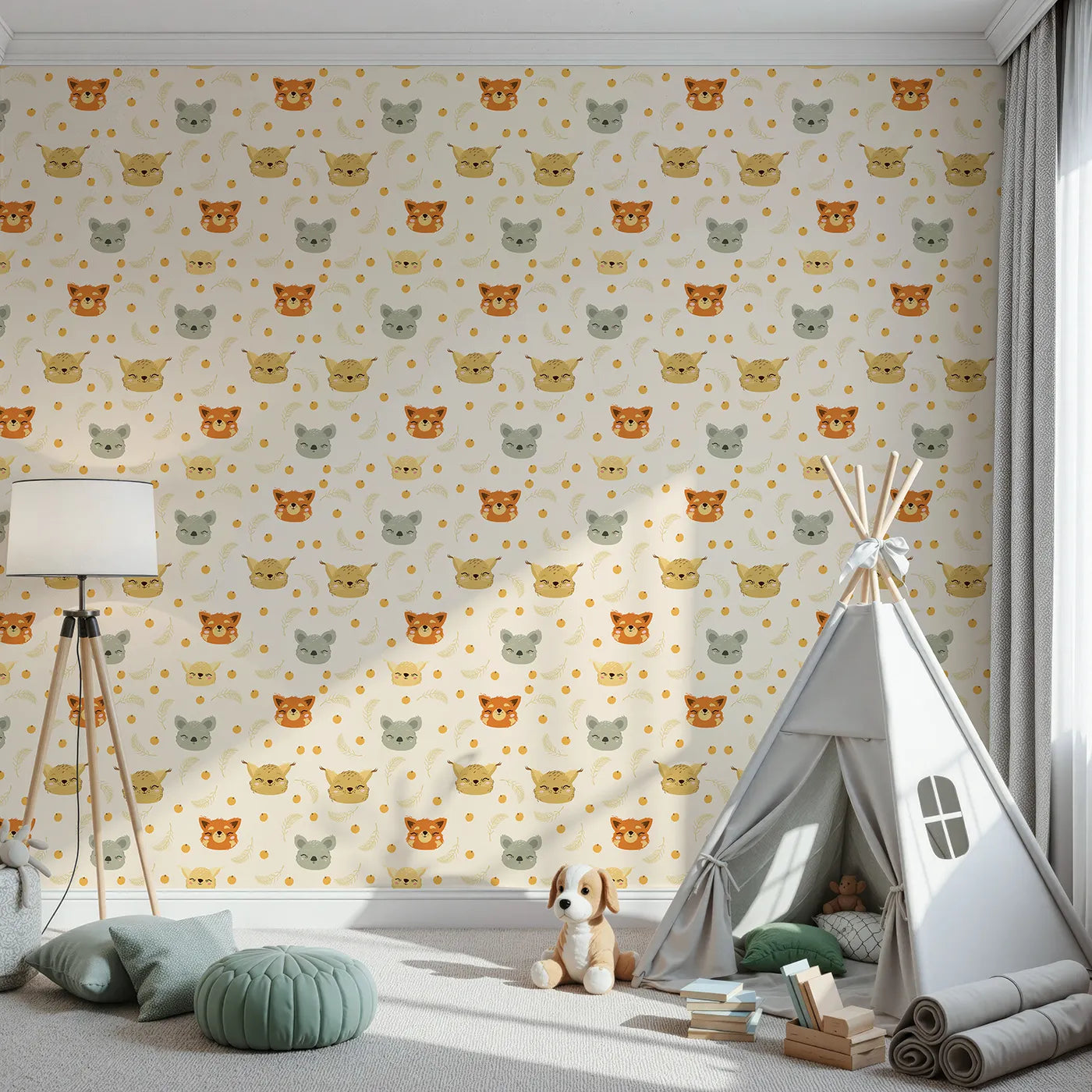 Front view of Whimsy Tots' Outback Snuggle Faces Wallpaper in Sandstone