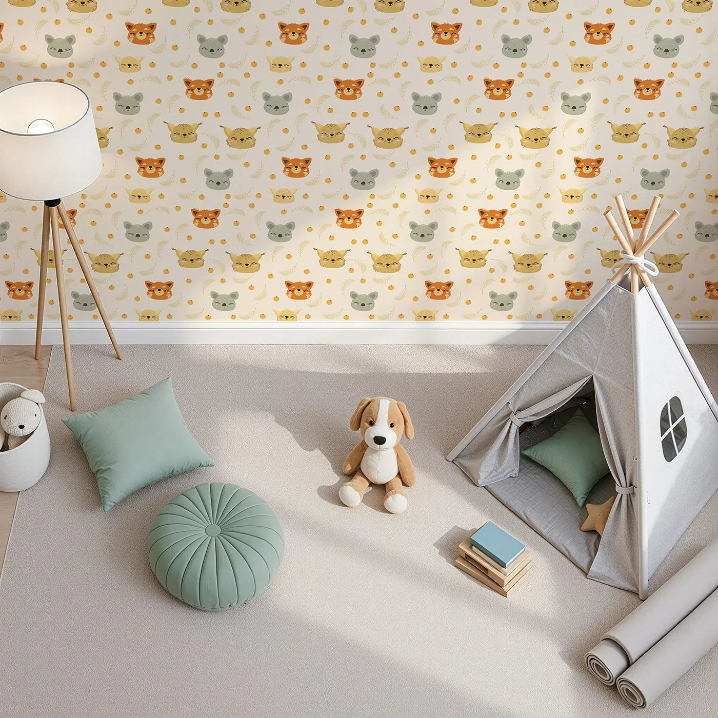 Top-Down view of Whimsy Tots' Outback Snuggle Faces Wallpaper in Sandstone (W3162C).Friendly animal faces peek out with warmth and whimsy across a sandy sky.