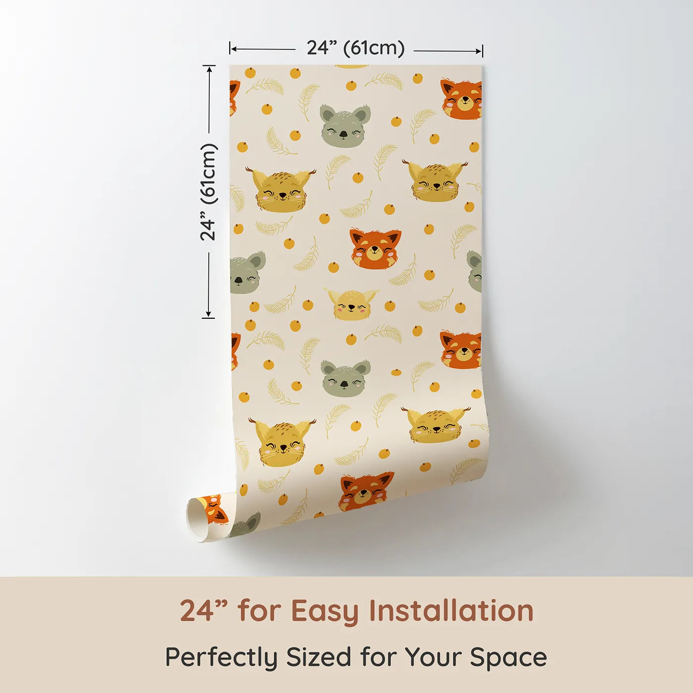 Dimension view of Whimsy Tots Outback Snuggle Faces Wallpaper in Sandstone (W3162C). Printed in 24-inch-wide panel for easy installation. Friendly animal faces peek out with warmth and whimsy across a sandy sky.