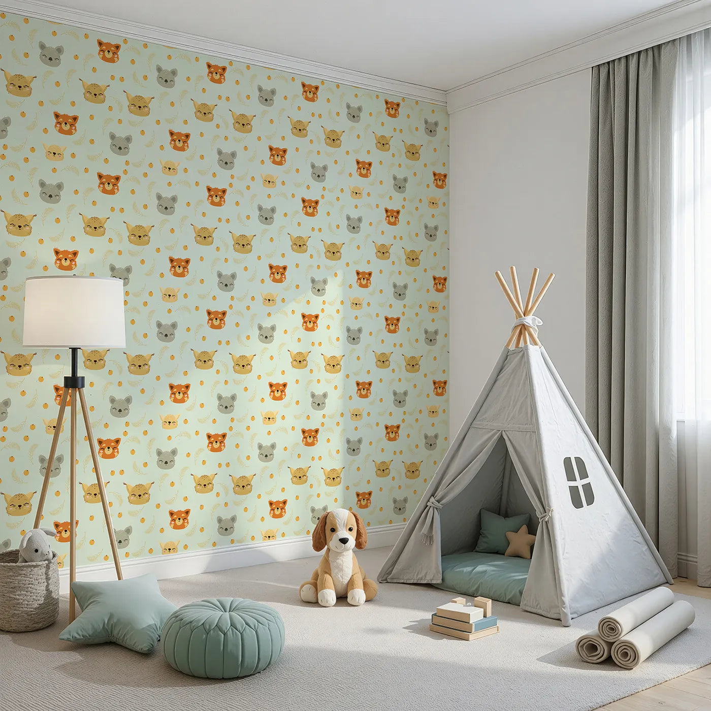 Angled view of Whimsy Tots' Outback Snuggle Faces Wallpaper in Mint Meadow Green (W3162D).Furry friends and floating berries dance across a soft minty sky.