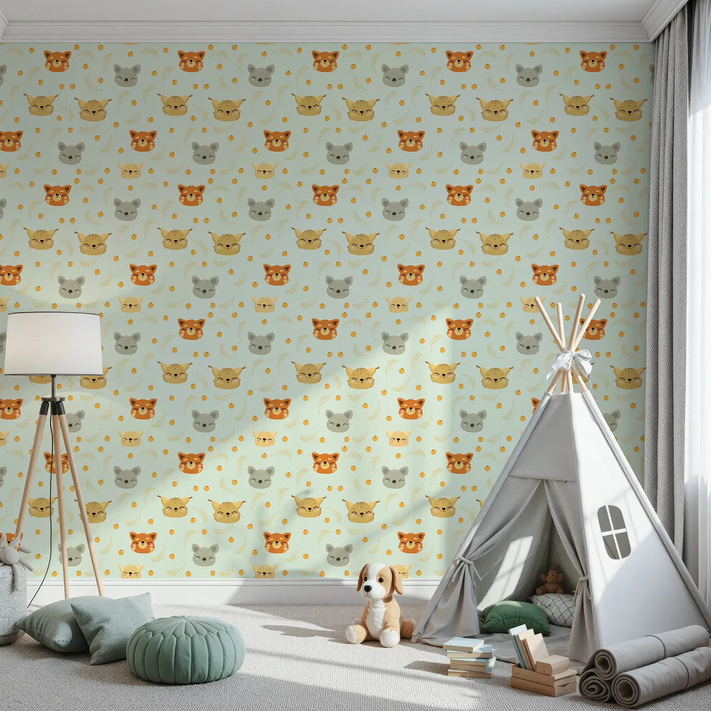 Front view of Whimsy Tots' Outback Snuggle Faces Wallpaper in Mint Meadow Green