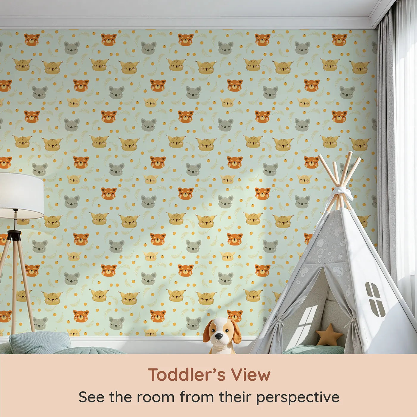 Whimsy Tots Outback Snuggle Faces Wallpaper in Mint Meadow Green (W3162D) from your child's view.Furry friends and floating berries dance across a soft minty sky.