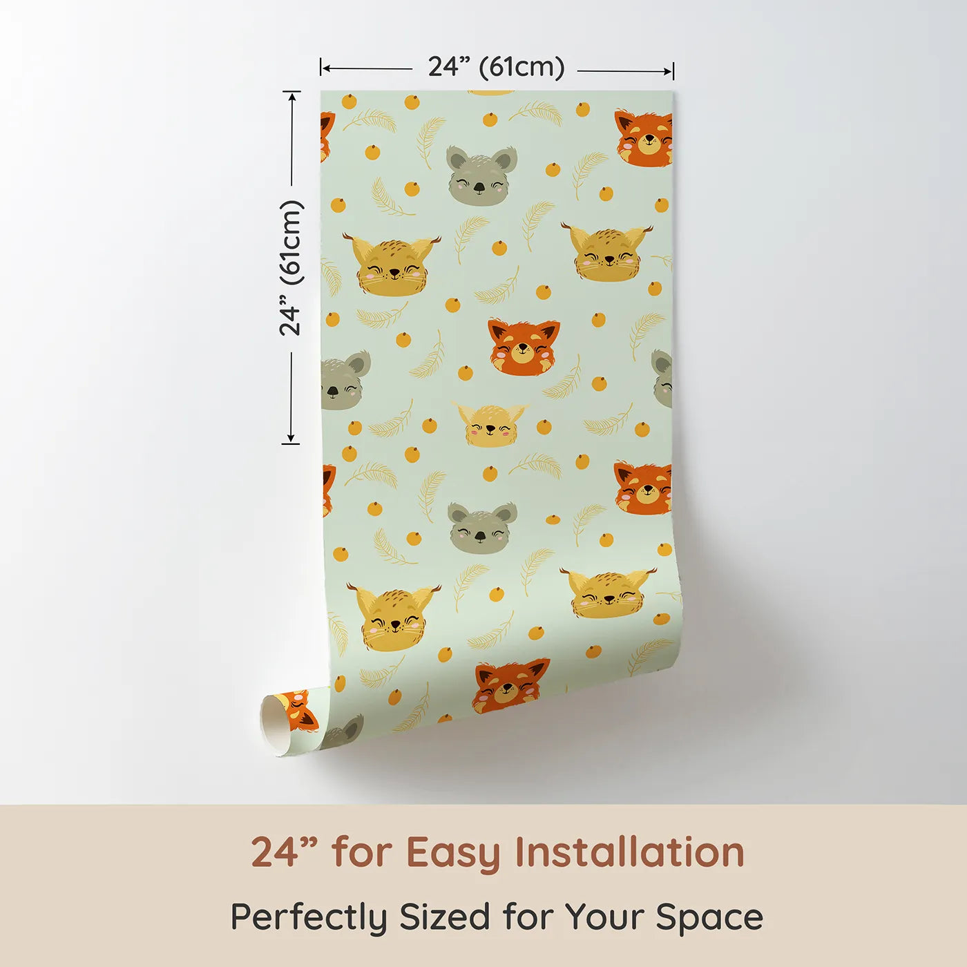 Dimension view of Whimsy Tots Outback Snuggle Faces Wallpaper in Mint Meadow Green (W3162D). Printed in 24-inch-wide panel for easy installation. Furry friends and floating berries dance across a soft minty sky.