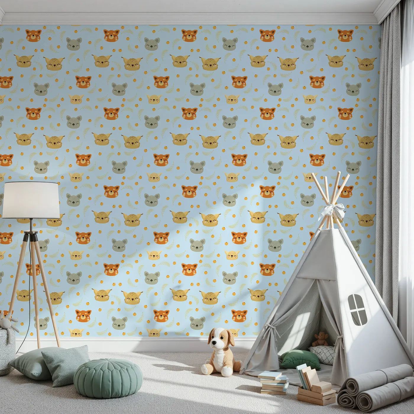 Front view of Whimsy Tots' Outback Snuggle Faces Wallpaper in Sky Blue