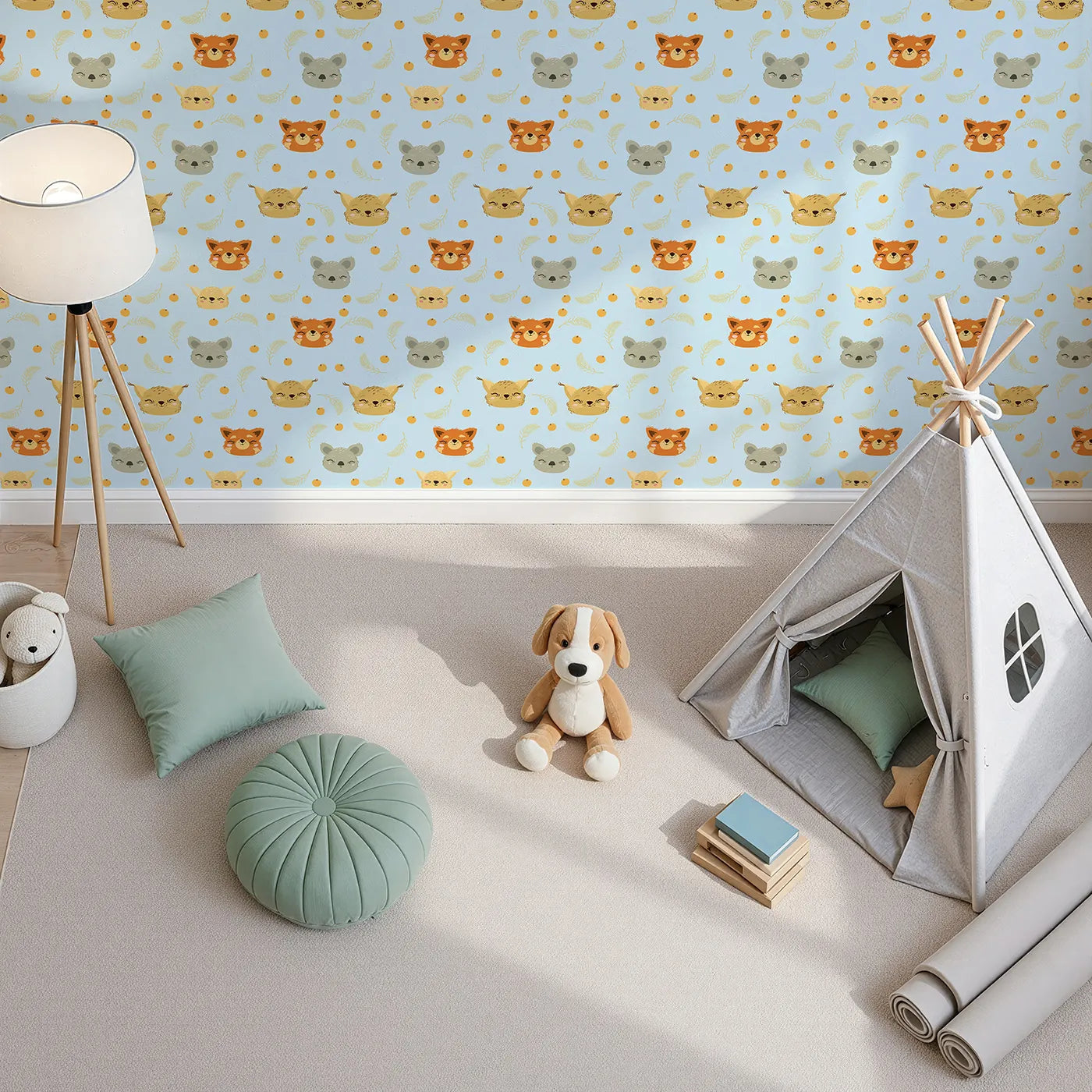Top-Down view of Whimsy Tots' Outback Snuggle Faces Wallpaper in Sky Blue (W3162E).Cheerful animal faces float across a soft sky filled with warmth and joy.
