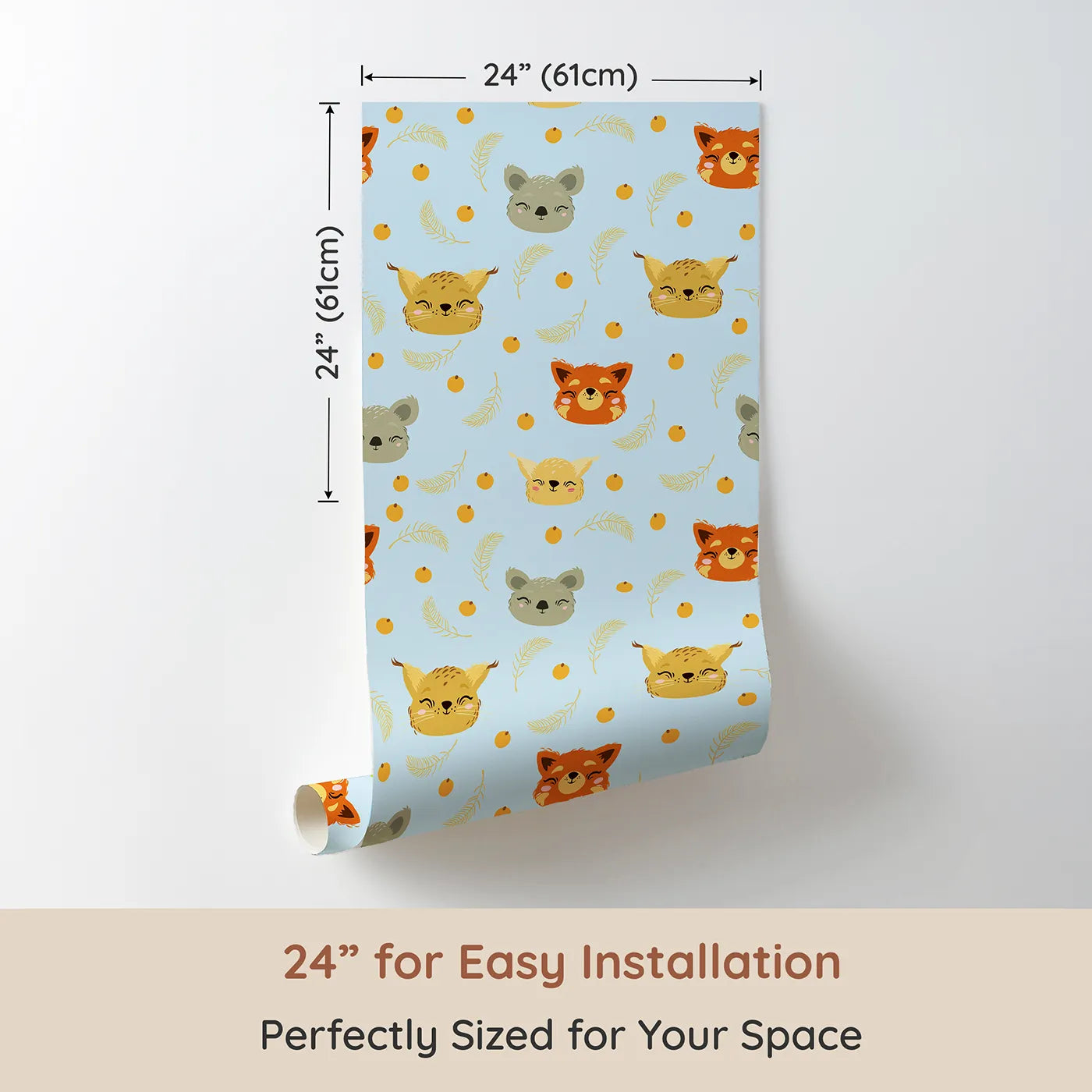 Dimension view of Whimsy Tots Outback Snuggle Faces Wallpaper in Sky Blue (W3162E). Printed in 24-inch-wide panel for easy installation. Cheerful animal faces float across a soft sky filled with warmth and joy.