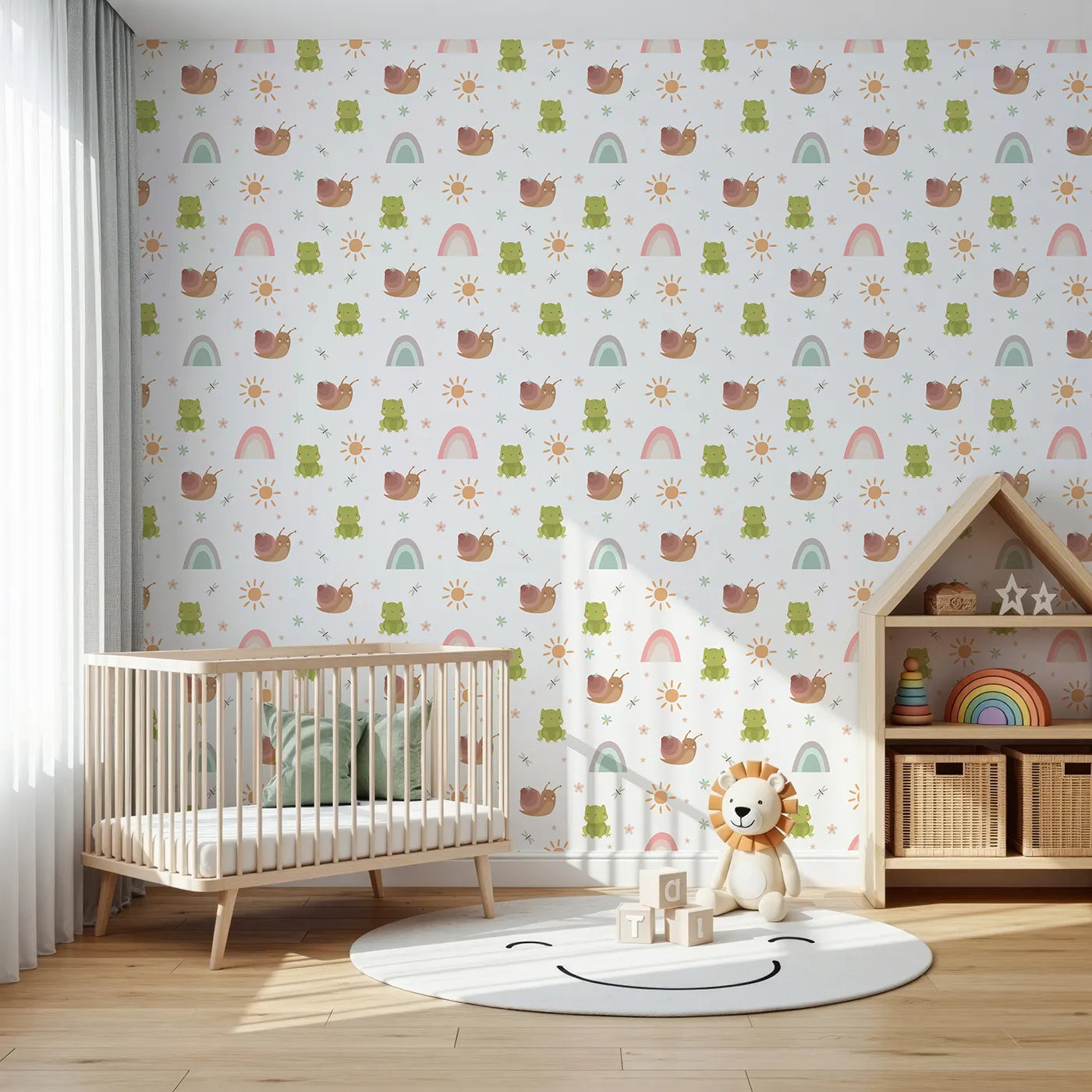 Front view of Whimsy Tots' Garden Hop and Snail Trail Wallpaper in White