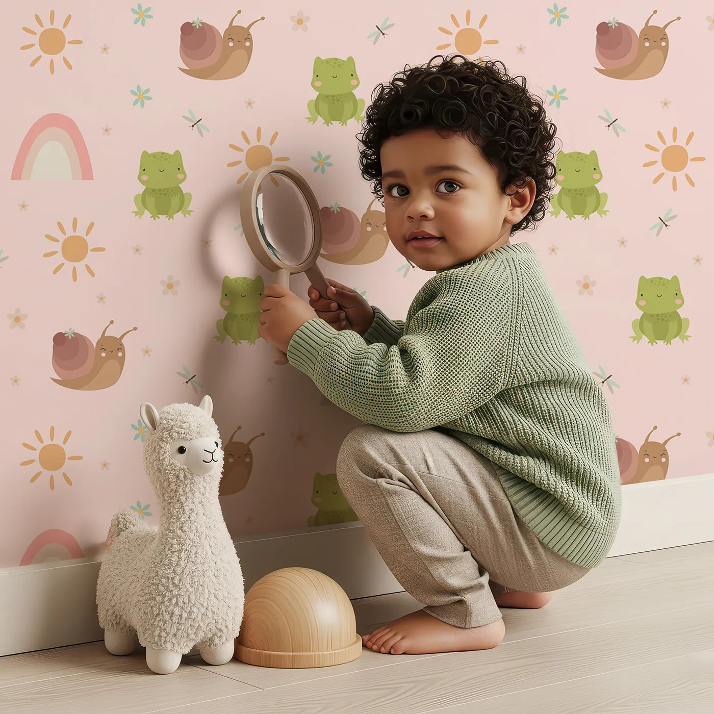 Lovely child standing in front of Whimsy Tots Garden Hop and Snail Trail Wallpaper in Blush Pink with frog, snail, dragonfly, rainbow, sun, flower in design.
