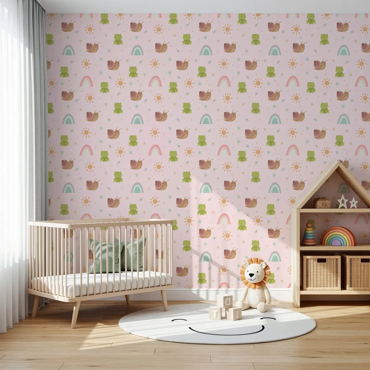 Front view of Whimsy Tots' Garden Hop and Snail Trail Wallpaper in Blush Pink