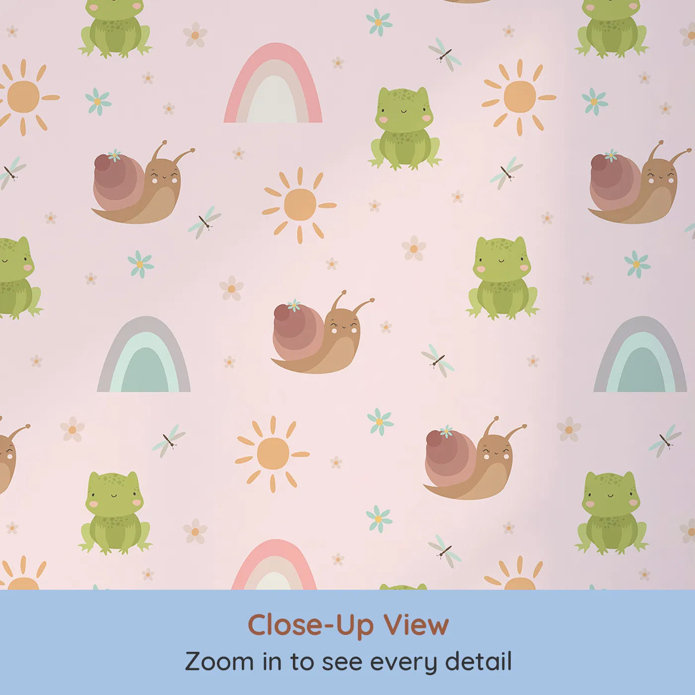 Close-up view of Whimsy Tots' Garden Hop and Snail Trail Wallpaper in Blush Pink (W3163B).Cheerful frogs and snails wiggle gently across a blushing garden of smiles.