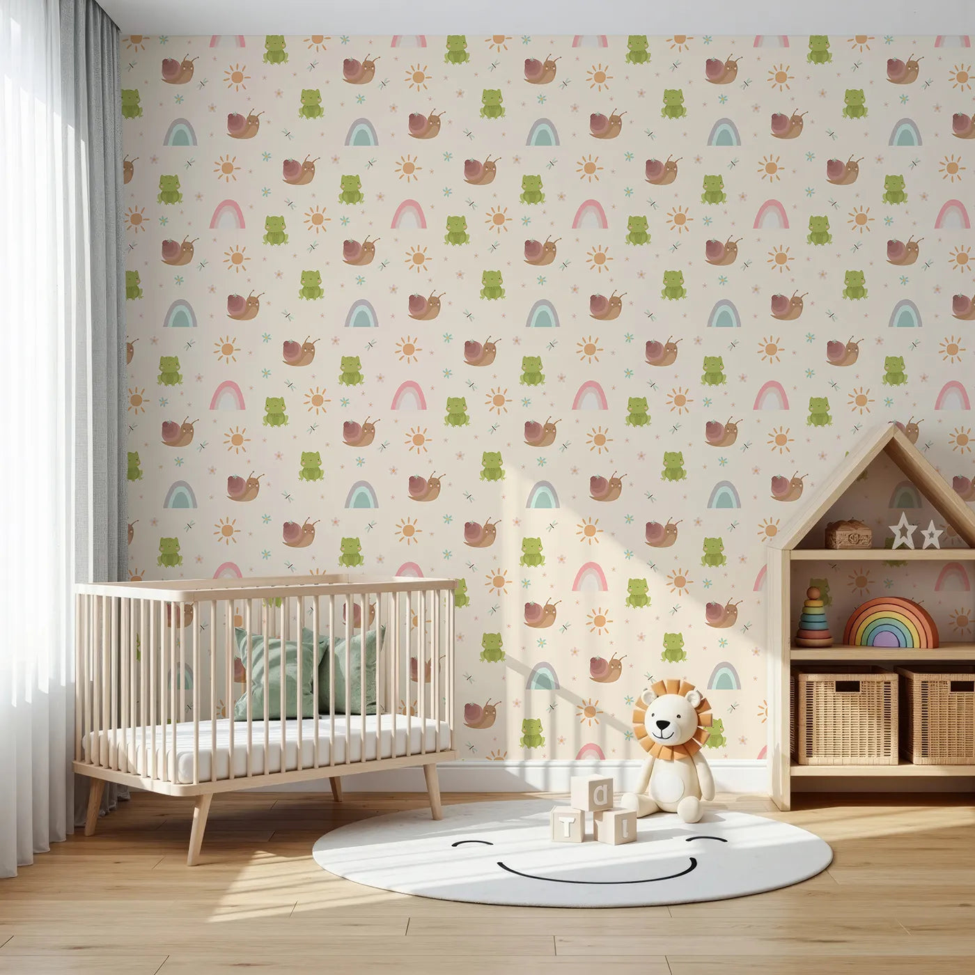 Front view of Whimsy Tots' Garden Hop and Snail Trail Wallpaper in Cream