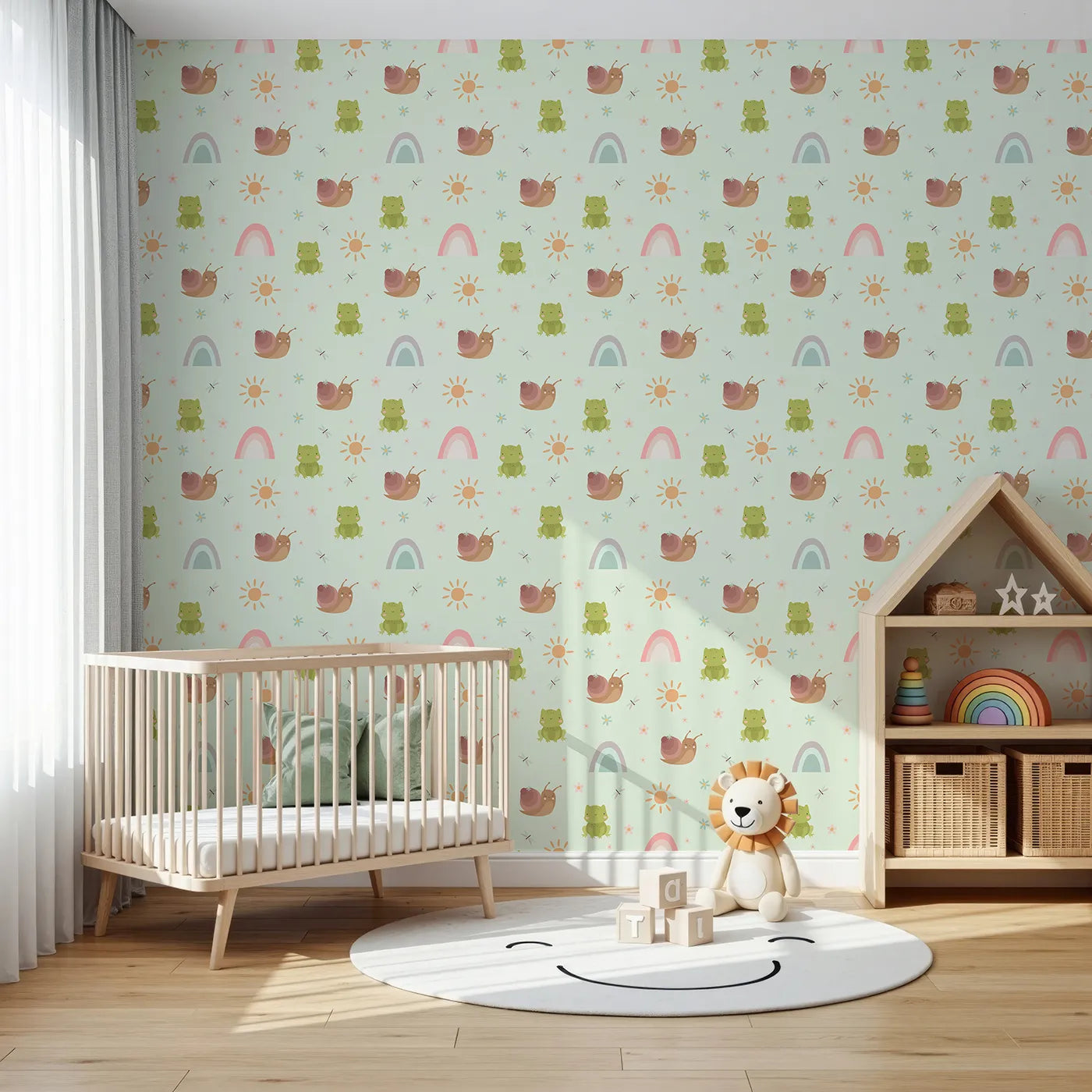 Front view of Whimsy Tots' Garden Hop and Snail Trail Wallpaper in Mint Green