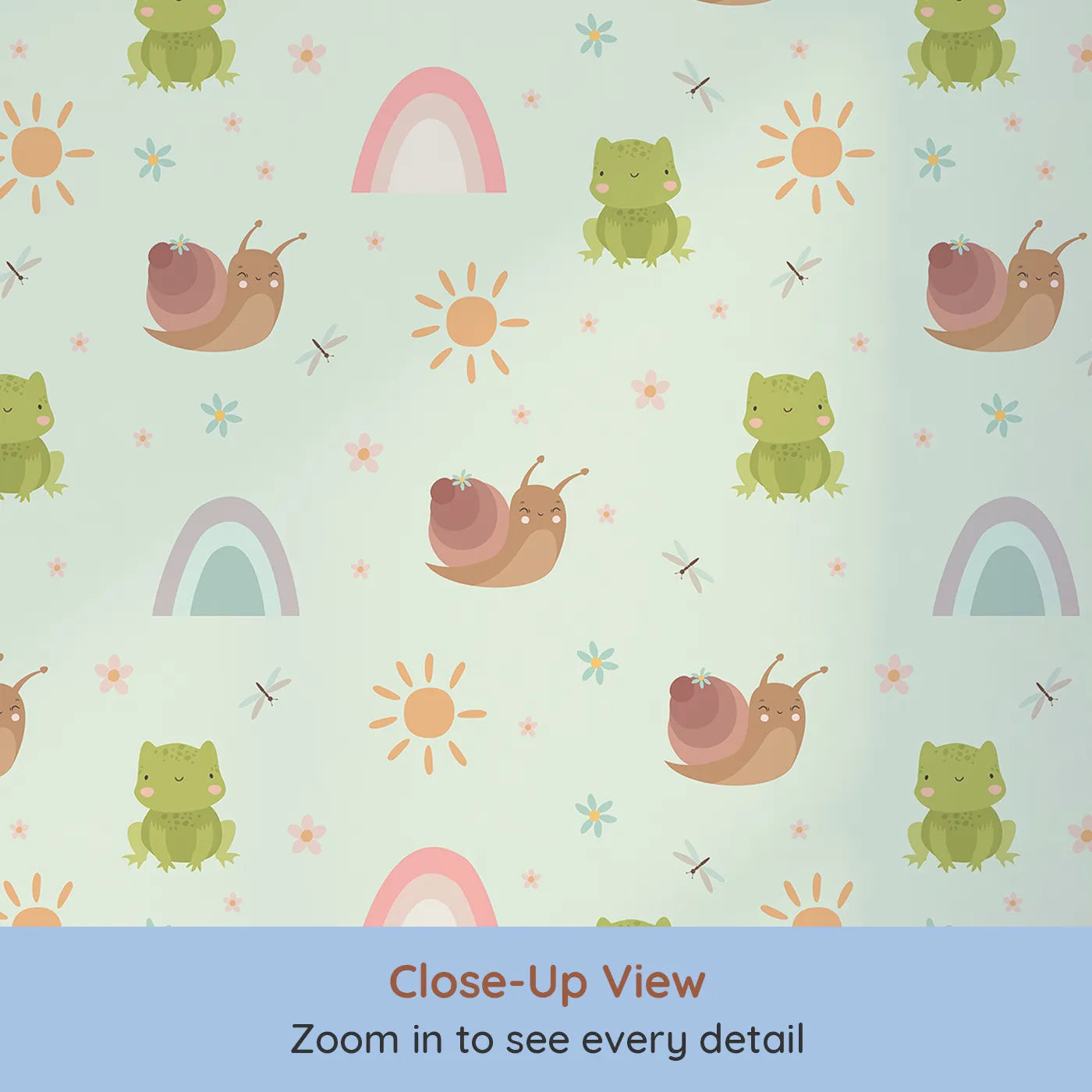 Close-up view of Whimsy Tots' Garden Hop and Snail Trail Wallpaper in Mint Green (W3163D).Snails, frogs, and fluttering bugs dance in the soft mint air.
