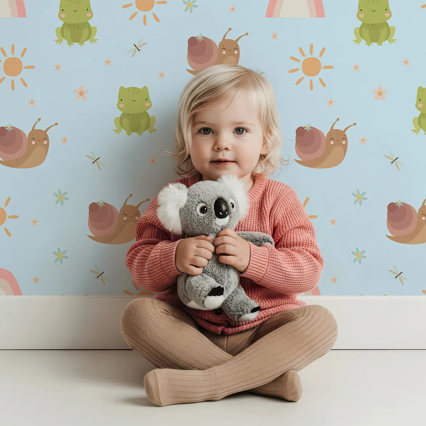 Lovely child standing in front of Whimsy Tots Garden Hop and Snail Trail Wallpaper in Sky Blue with frog, snail, dragonfly, rainbow, sun, flower in design.