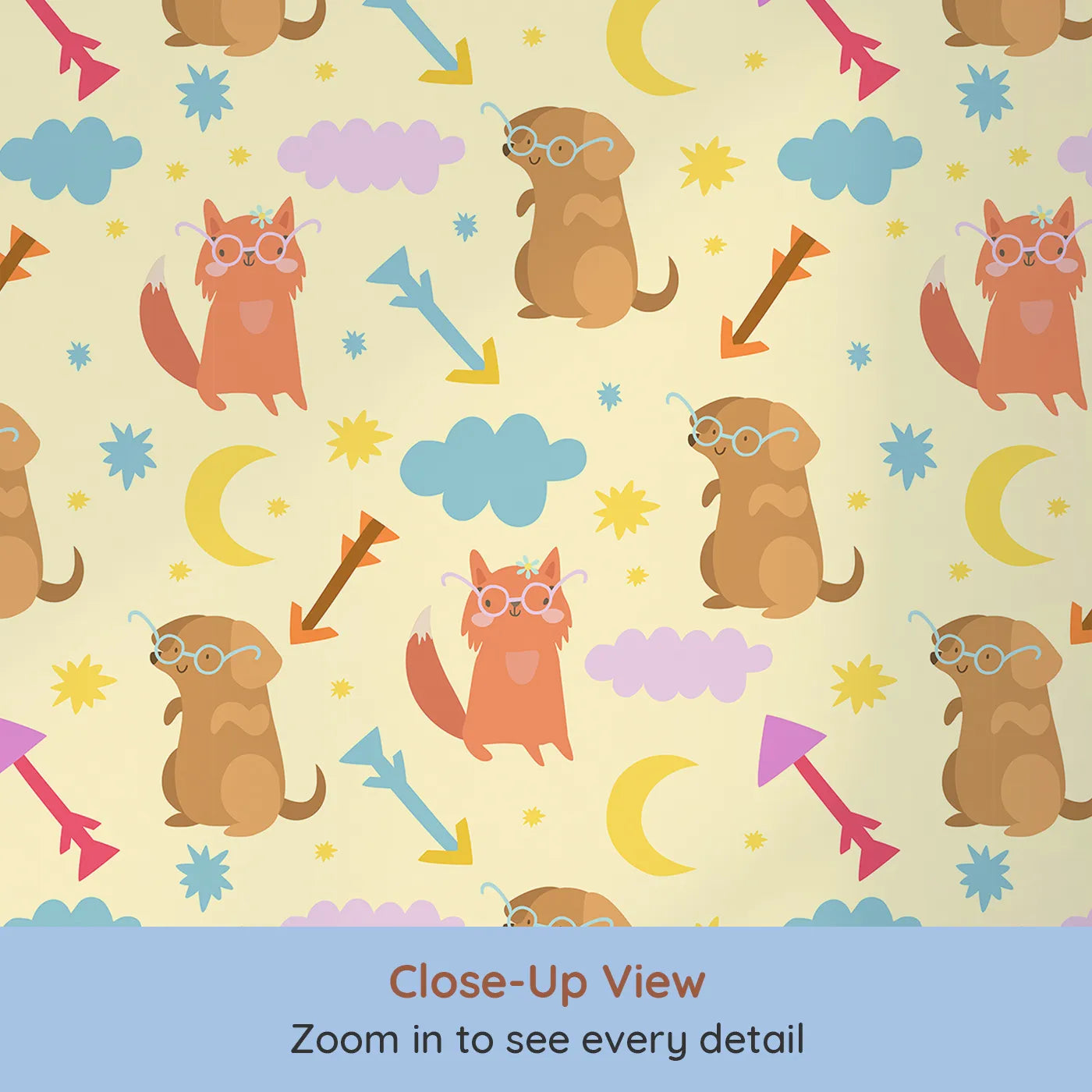 Close-up view of Whimsy Tots' Arrow Pup and Foxy Night Parade Wallpaper in Dandelion (W3164A).Whimsical pups and foxy friends wander through a sky full of stars.