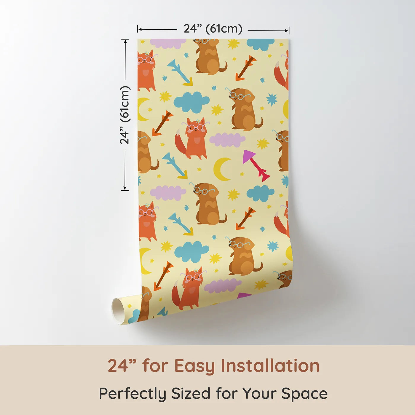 Dimension view of Whimsy Tots Arrow Pup and Foxy Night Parade Wallpaper in Dandelion (W3164A). Printed in 24-inch-wide panel for easy installation. Whimsical pups and foxy friends wander through a sky full of stars.