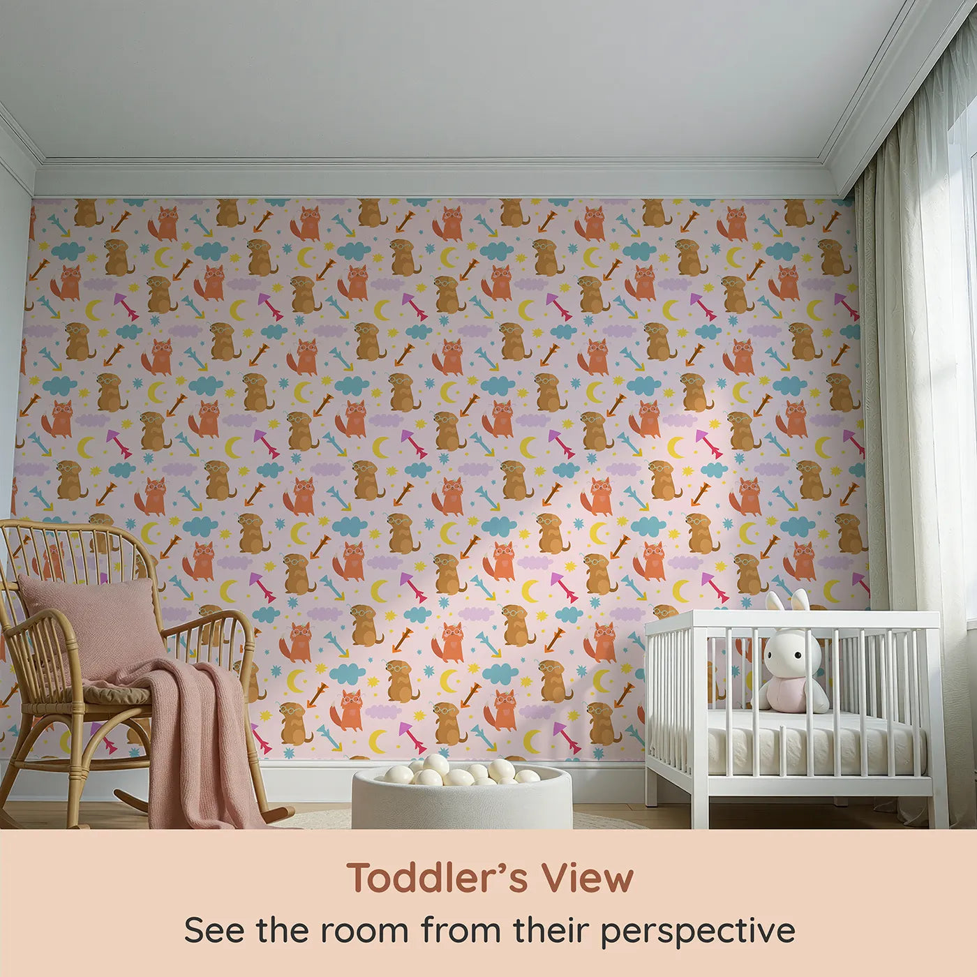 Whimsy Tots Arrow Pup and Foxy Night Parade Wallpaper in Blush Pink (W3164B) from your child's view.Furry friends and colorful arrows skip across a dreamy blush sky.