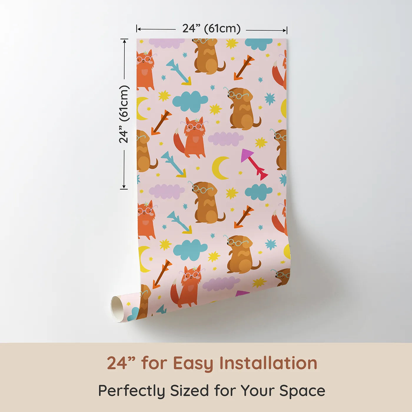 Dimension view of Whimsy Tots Arrow Pup and Foxy Night Parade Wallpaper in Blush Pink (W3164B). Printed in 24-inch-wide panel for easy installation. Furry friends and colorful arrows skip across a dreamy blush sky.