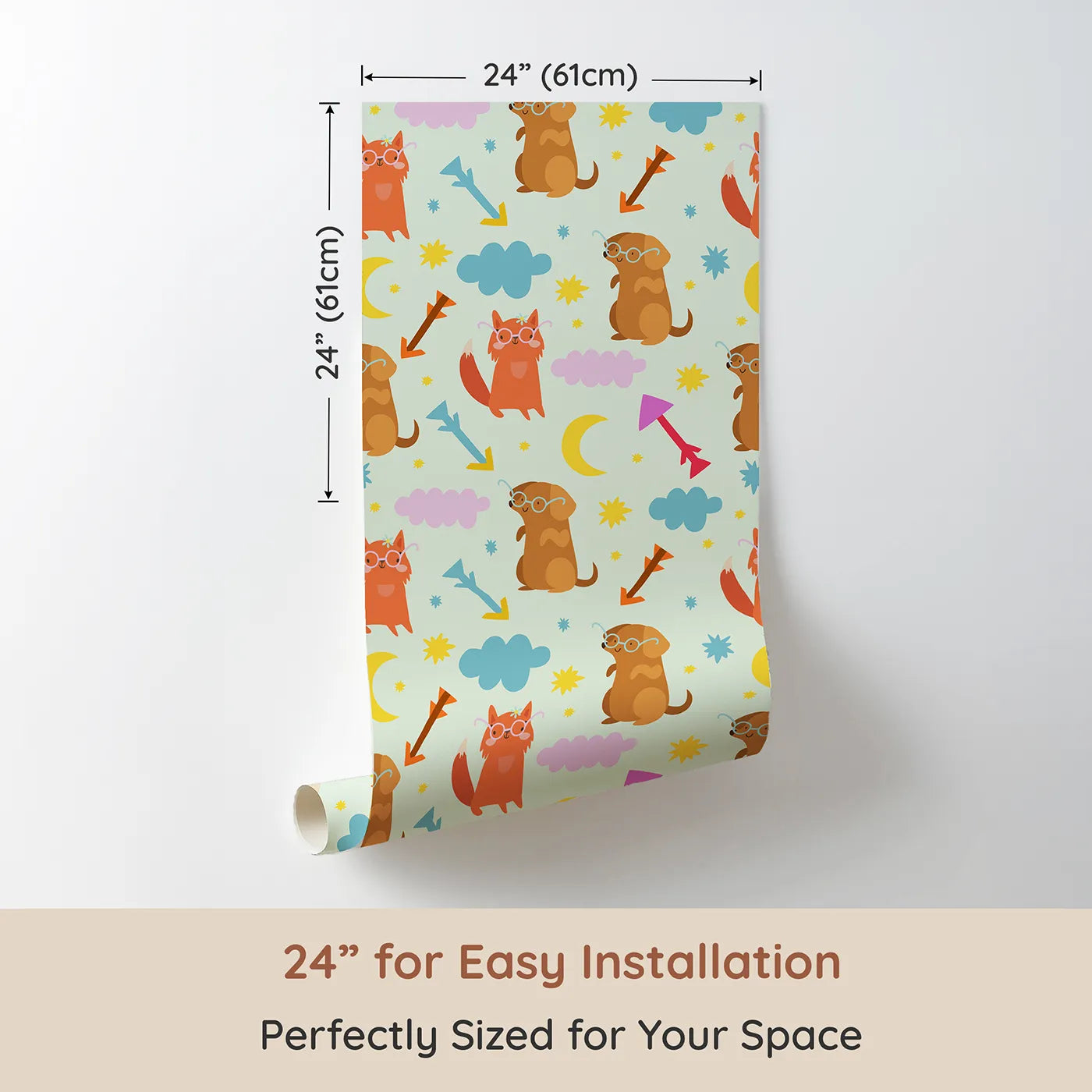 Dimension view of Whimsy Tots Arrow Pup and Foxy Night Parade Wallpaper in Mint Green (W3164C). Printed in 24-inch-wide panel for easy installation. Playful pups and foxy friends tumble through stars and clouds.