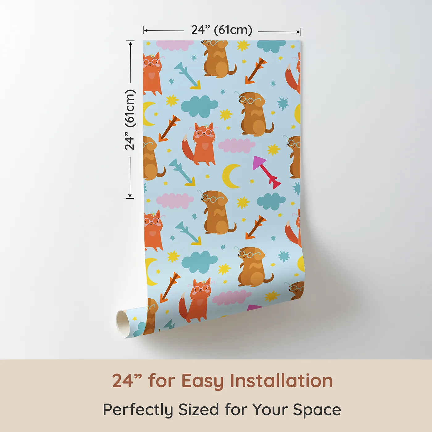 Dimension view of Whimsy Tots Arrow Pup and Foxy Night Parade Wallpaper in Sky Blue (W3164D). Printed in 24-inch-wide panel for easy installation. Charming pups and foxes wear smiles and spectacles in a playful sky.