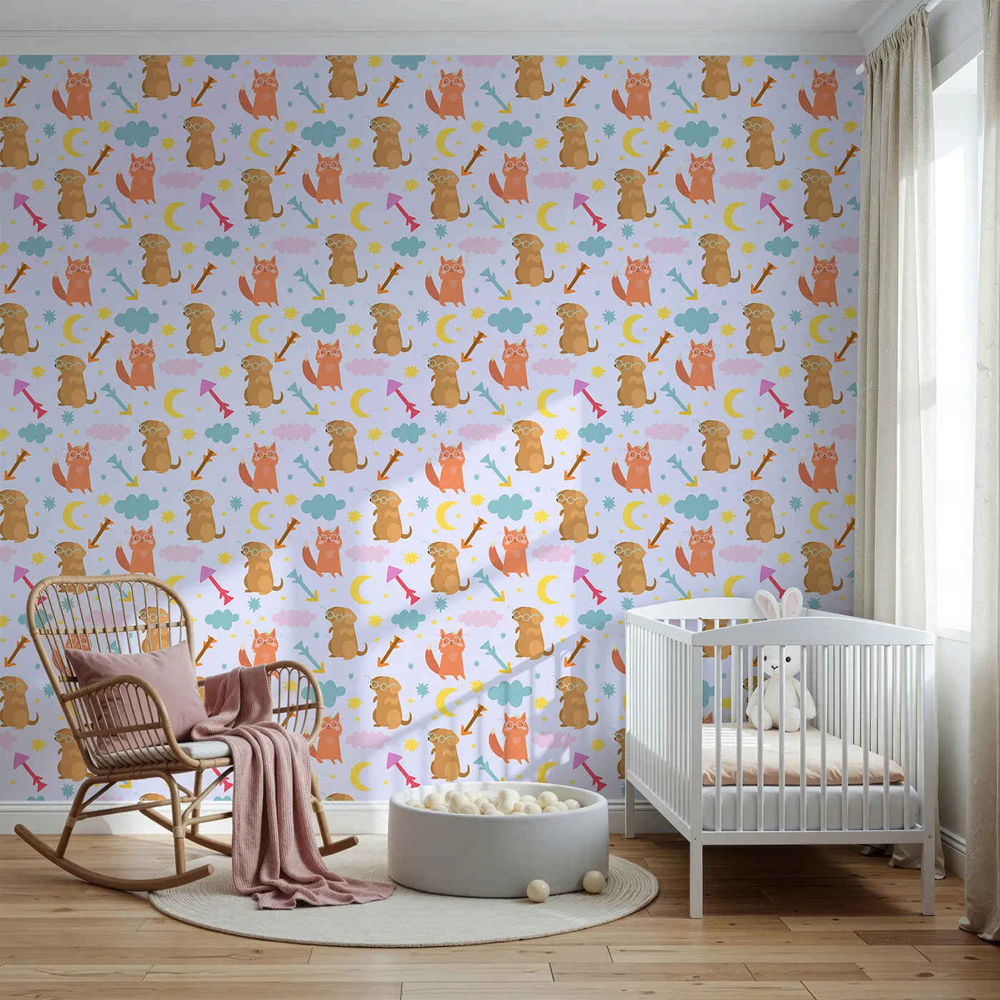 Front view of Whimsy Tots' Arrow Pup and Foxy Night Parade Wallpaper in Lavender