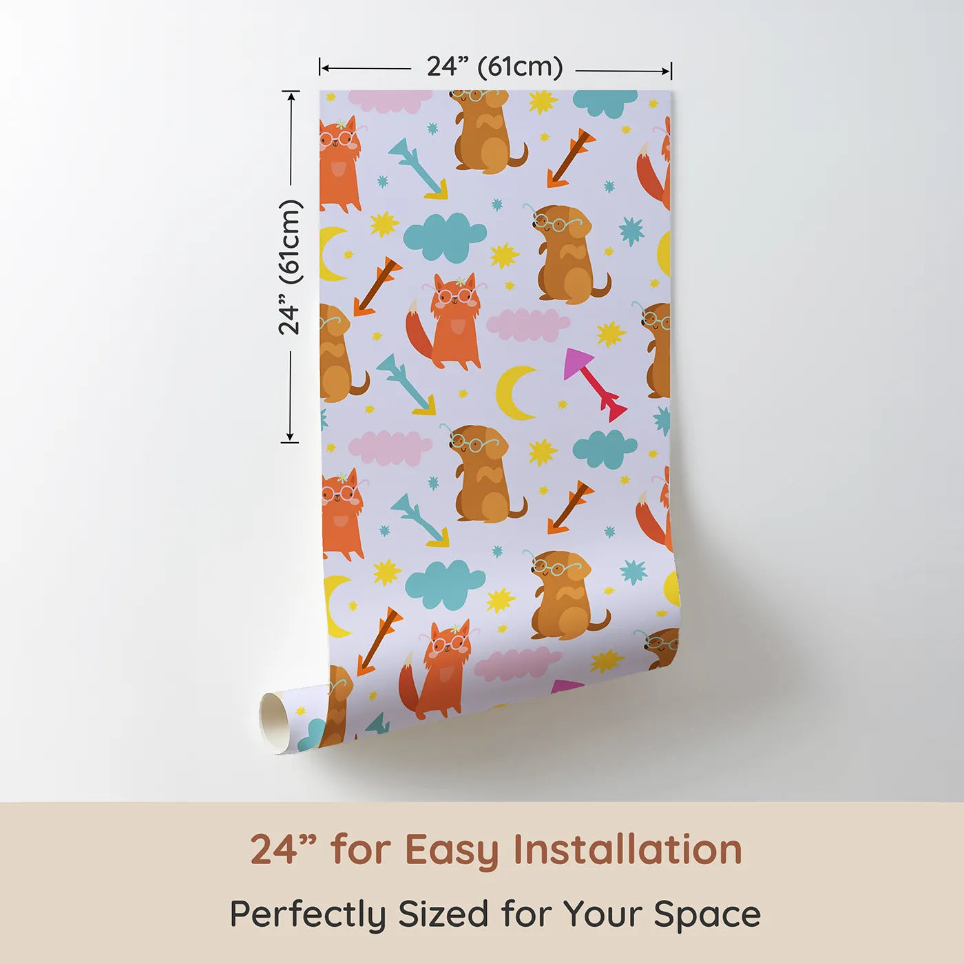 Dimension view of Whimsy Tots Arrow Pup and Foxy Night Parade Wallpaper in Lavender (W3164E). Printed in 24-inch-wide panel for easy installation. Clever foxes and sweet pups wander through a purple sky of whimsy.