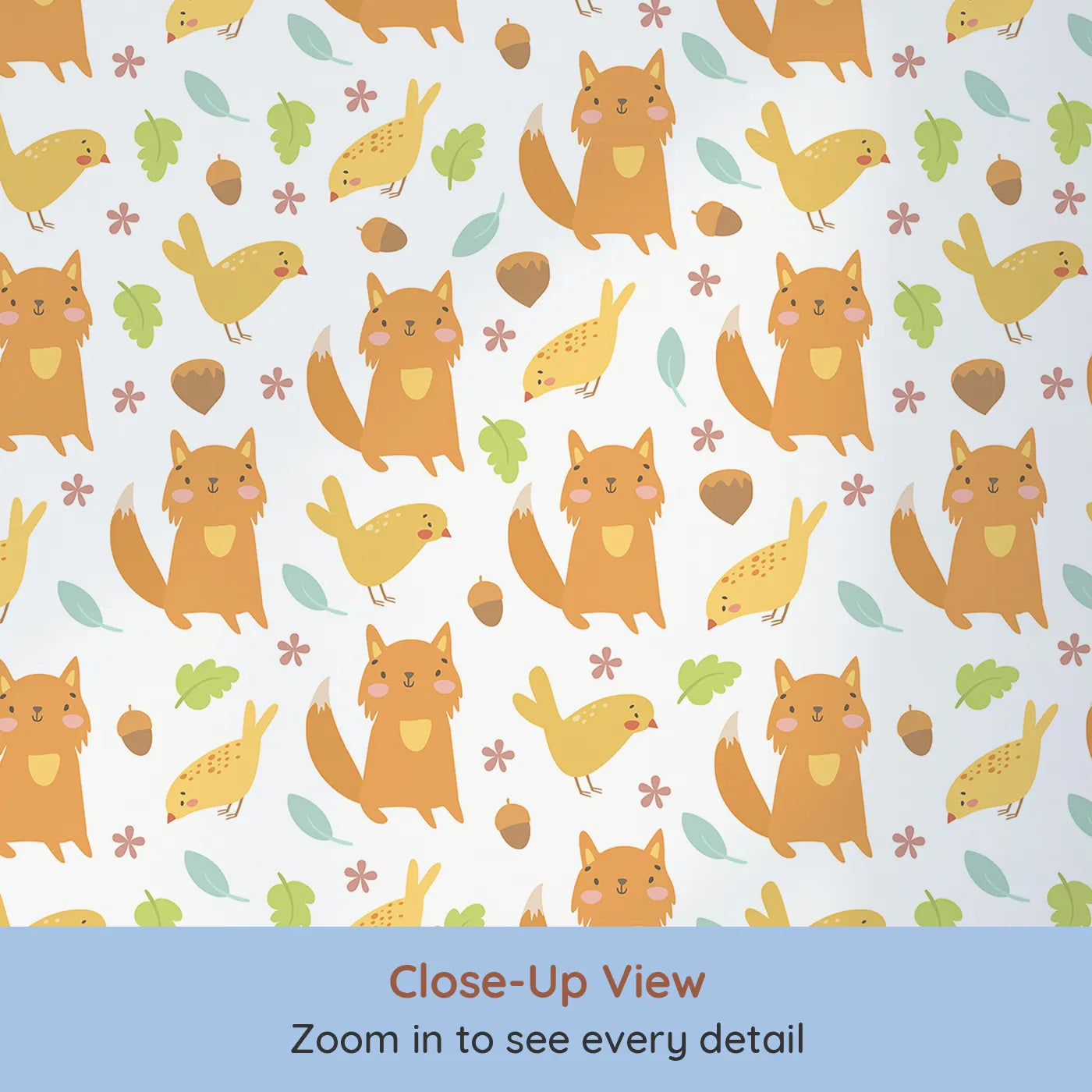 Close-up view of Whimsy Tots' Fox and Finch Woodland Waltz Wallpaper in White (W3165A).Friendly foxes and golden birds dance through acorns and leaves.
