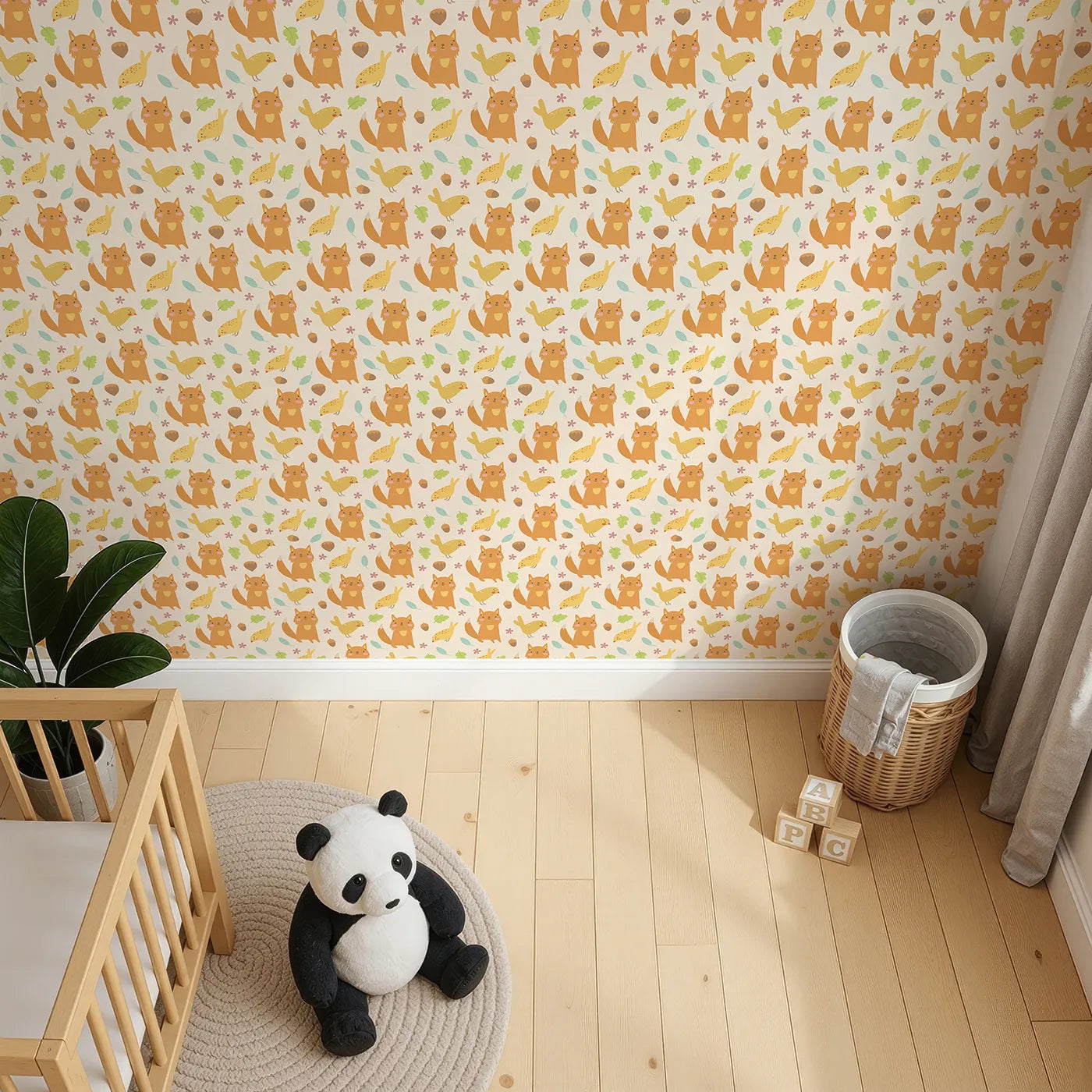 Top-Down view of Whimsy Tots' Fox and Finch Woodland Waltz Wallpaper in Sandstone (W3165C).Sweet foxes and golden finches wander through a warm forest floor.