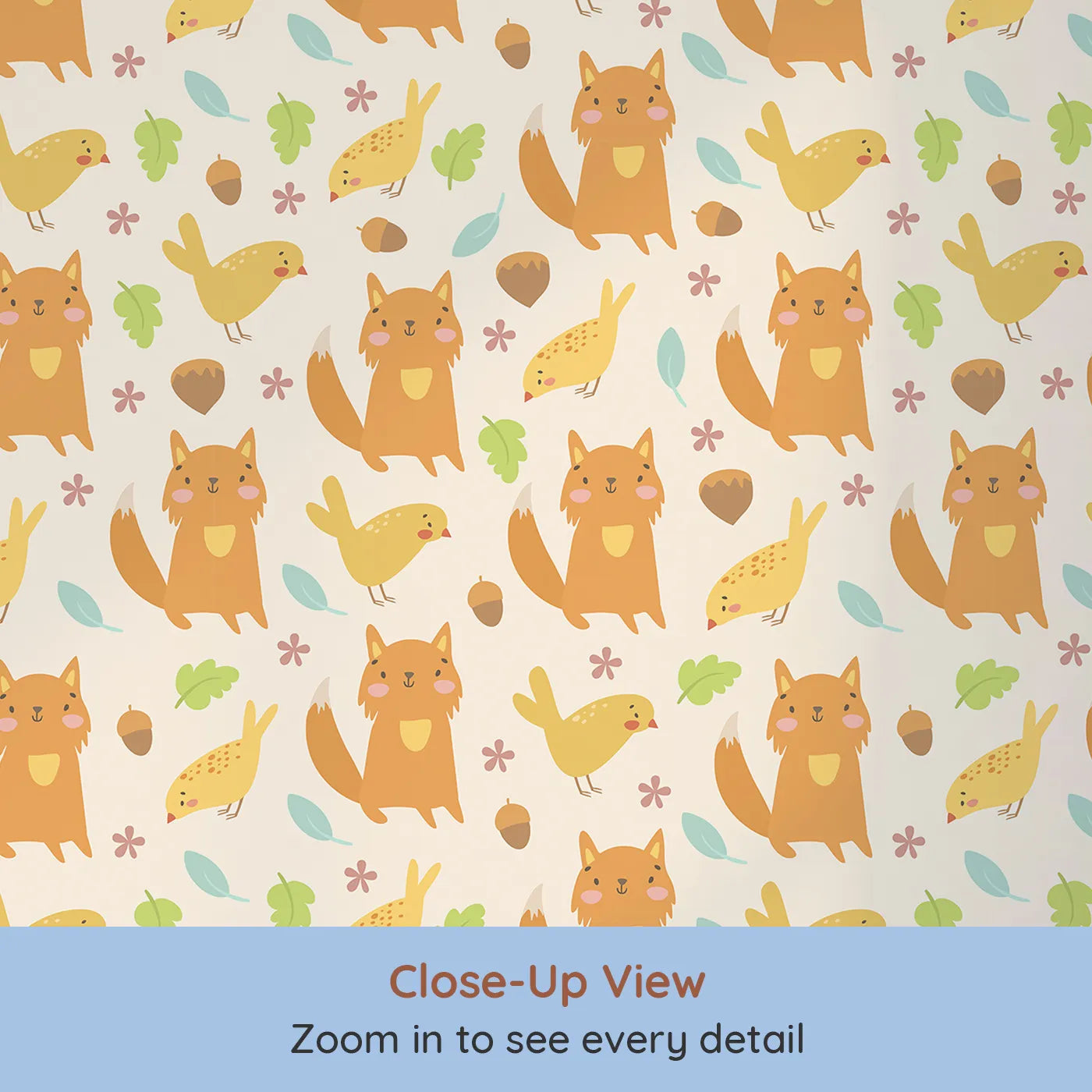 Close-up view of Whimsy Tots' Fox and Finch Woodland Waltz Wallpaper in Sandstone (W3165C).Sweet foxes and golden finches wander through a warm forest floor.