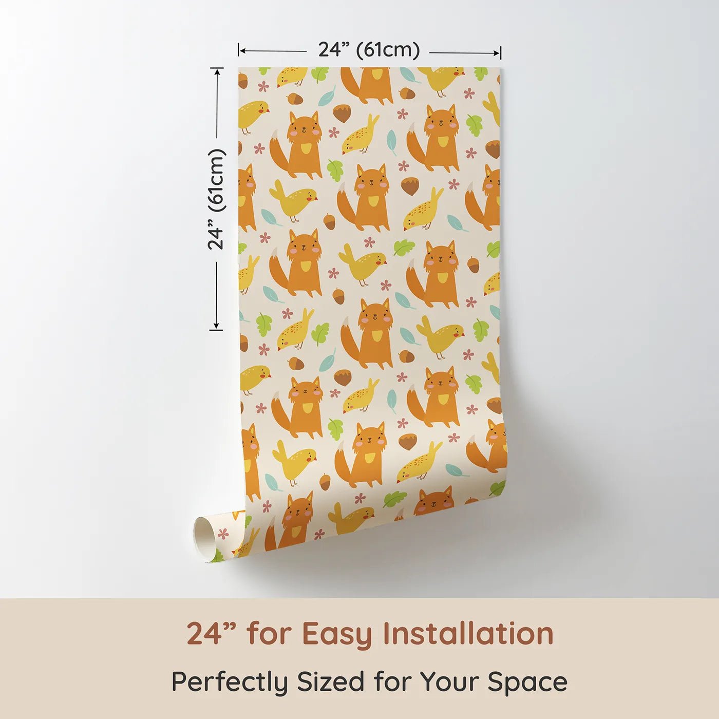 Dimension view of Whimsy Tots Fox and Finch Woodland Waltz Wallpaper in Sandstone (W3165C). Printed in 24-inch-wide panel for easy installation. Sweet foxes and golden finches wander through a warm forest floor.