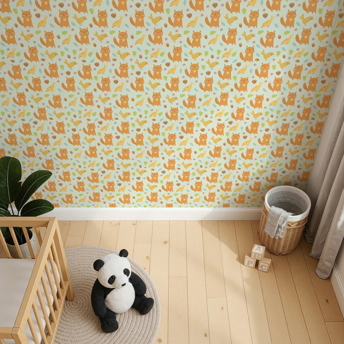 Top-Down view of Whimsy Tots' Fox and Finch Woodland Waltz Wallpaper in Mint Green (W3165D).Happy foxes and birds skip through leaves in a minty meadow.