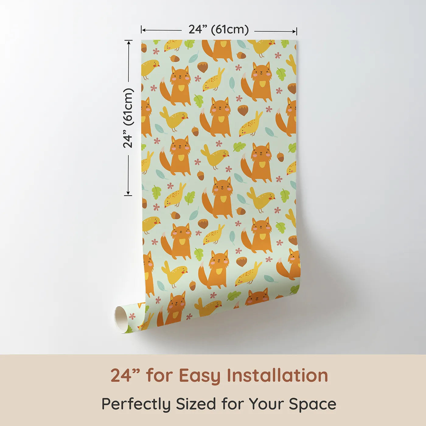 Dimension view of Whimsy Tots Fox and Finch Woodland Waltz Wallpaper in Mint Green (W3165D). Printed in 24-inch-wide panel for easy installation. Happy foxes and birds skip through leaves in a minty meadow.