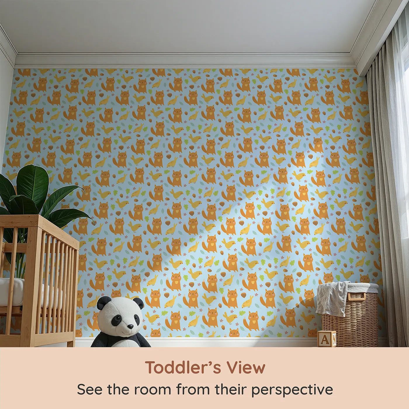 Whimsy Tots Fox and Finch Woodland Waltz Wallpaper in Sky Blue (W3165E) from your child's view.Friendly foxes and yellow birds play under a cheerful blue sky.