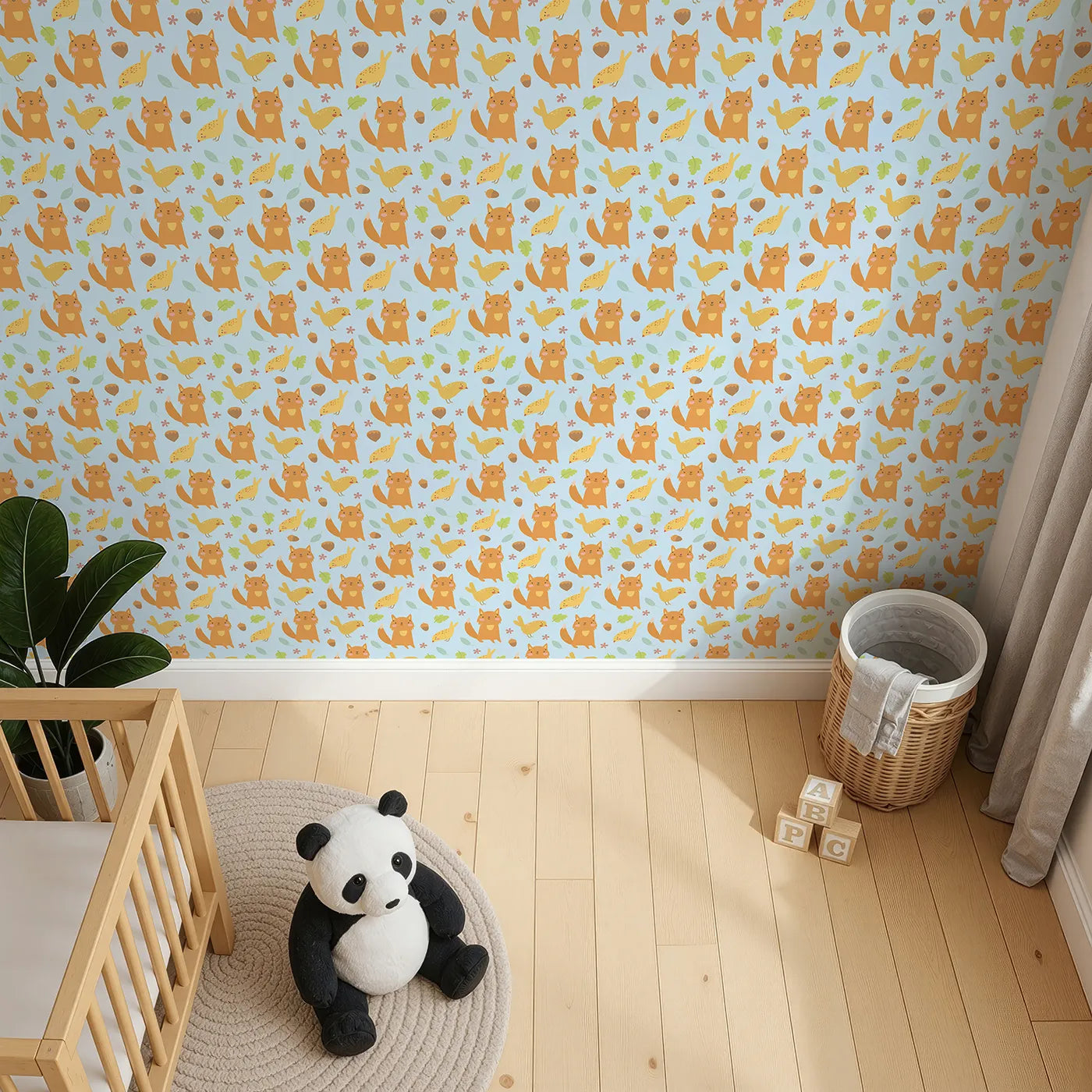 Top-Down view of Whimsy Tots' Fox and Finch Woodland Waltz Wallpaper in Sky Blue (W3165E).Friendly foxes and yellow birds play under a cheerful blue sky.
