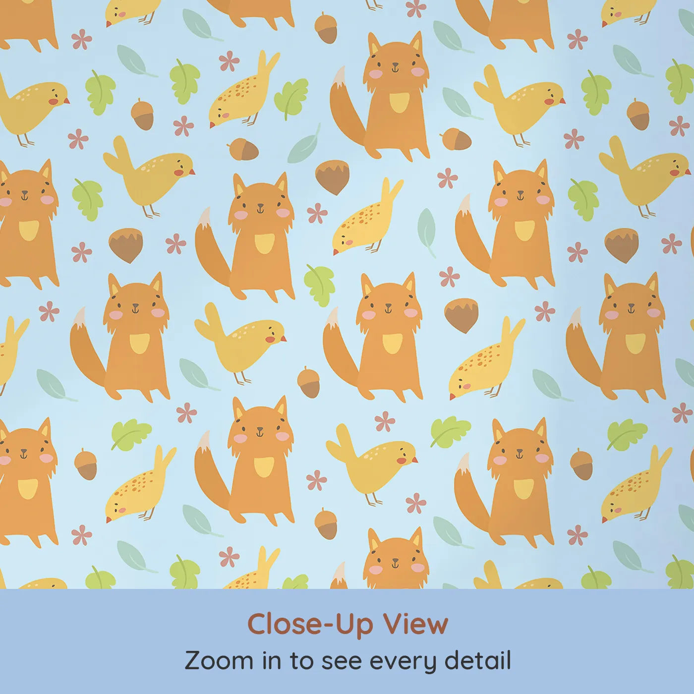 Close-up view of Whimsy Tots' Fox and Finch Woodland Waltz Wallpaper in Sky Blue (W3165E).Friendly foxes and yellow birds play under a cheerful blue sky.