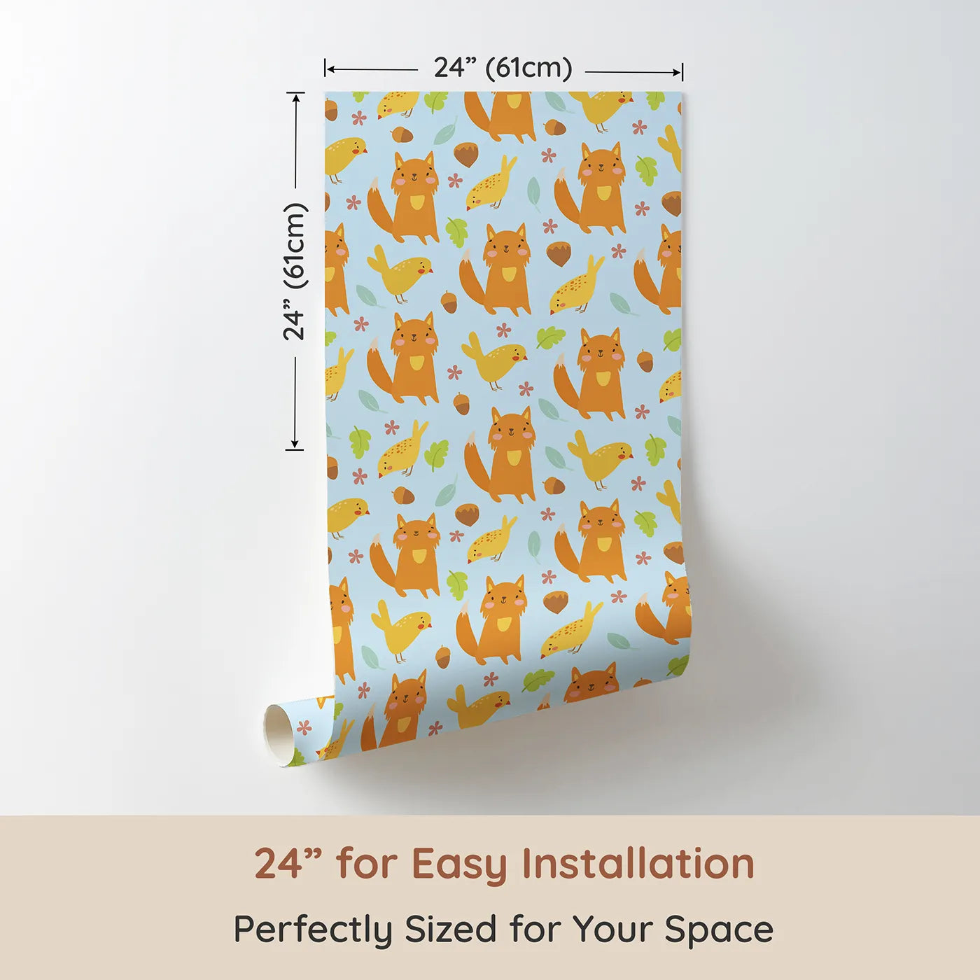 Dimension view of Whimsy Tots Fox and Finch Woodland Waltz Wallpaper in Sky Blue (W3165E). Printed in 24-inch-wide panel for easy installation. Friendly foxes and yellow birds play under a cheerful blue sky.