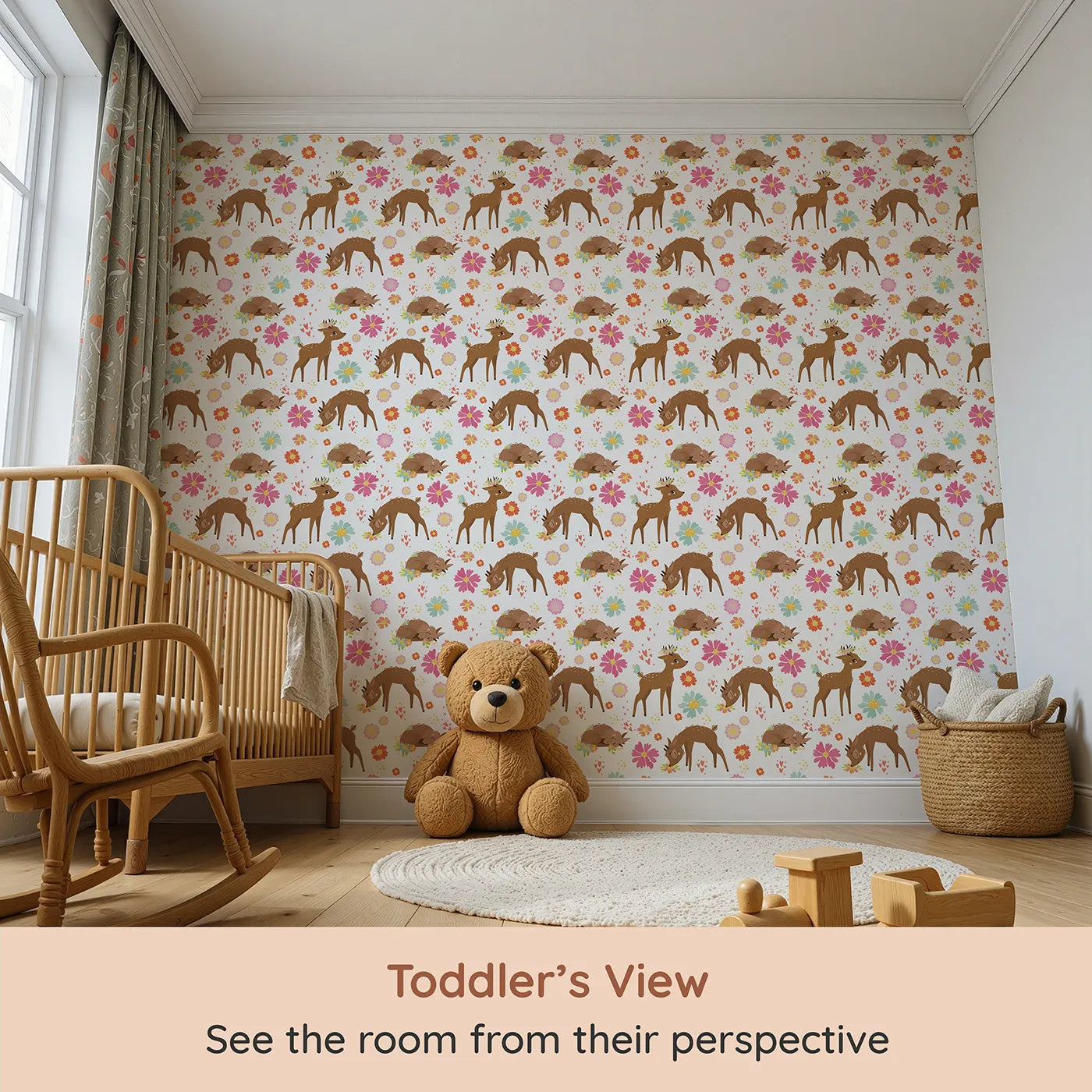 Whimsy Tots Blossom Meadow Deer Wallpaper in White (W3166A) from your child's view.Gentle fawns wander through meadows of flowers and hearts.