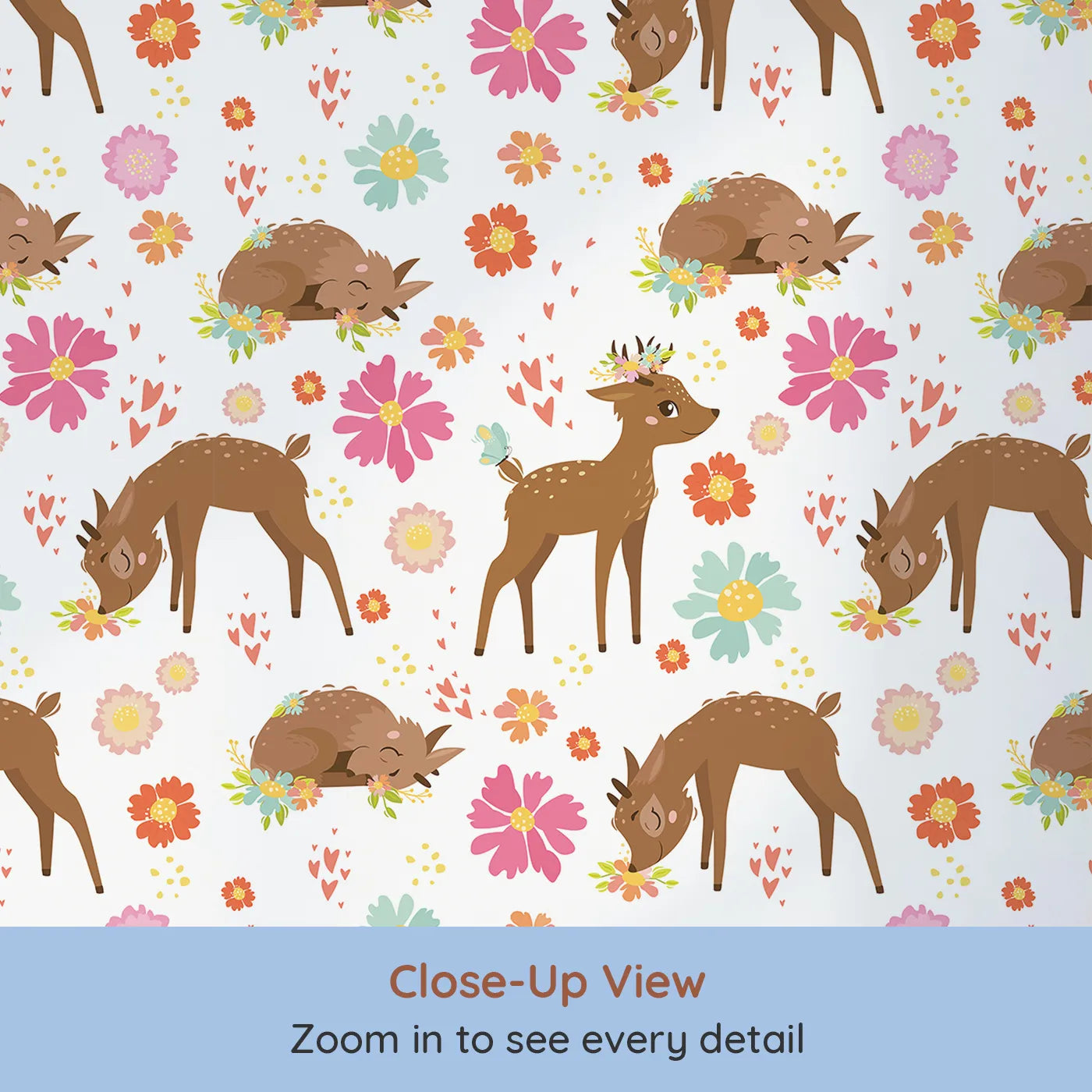 Close-up view of Whimsy Tots' Blossom Meadow Deer Wallpaper in White (W3166A).Gentle fawns wander through meadows of flowers and hearts.