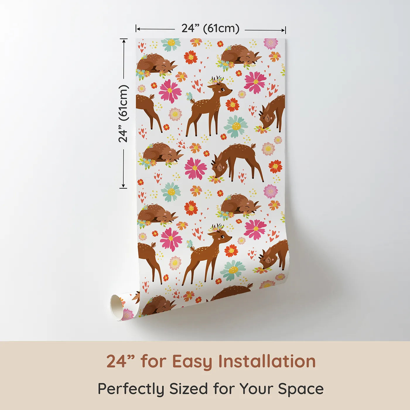 Dimension view of Whimsy Tots Blossom Meadow Deer Wallpaper in White (W3166A). Printed in 24-inch-wide panel for easy installation. Gentle fawns wander through meadows of flowers and hearts.