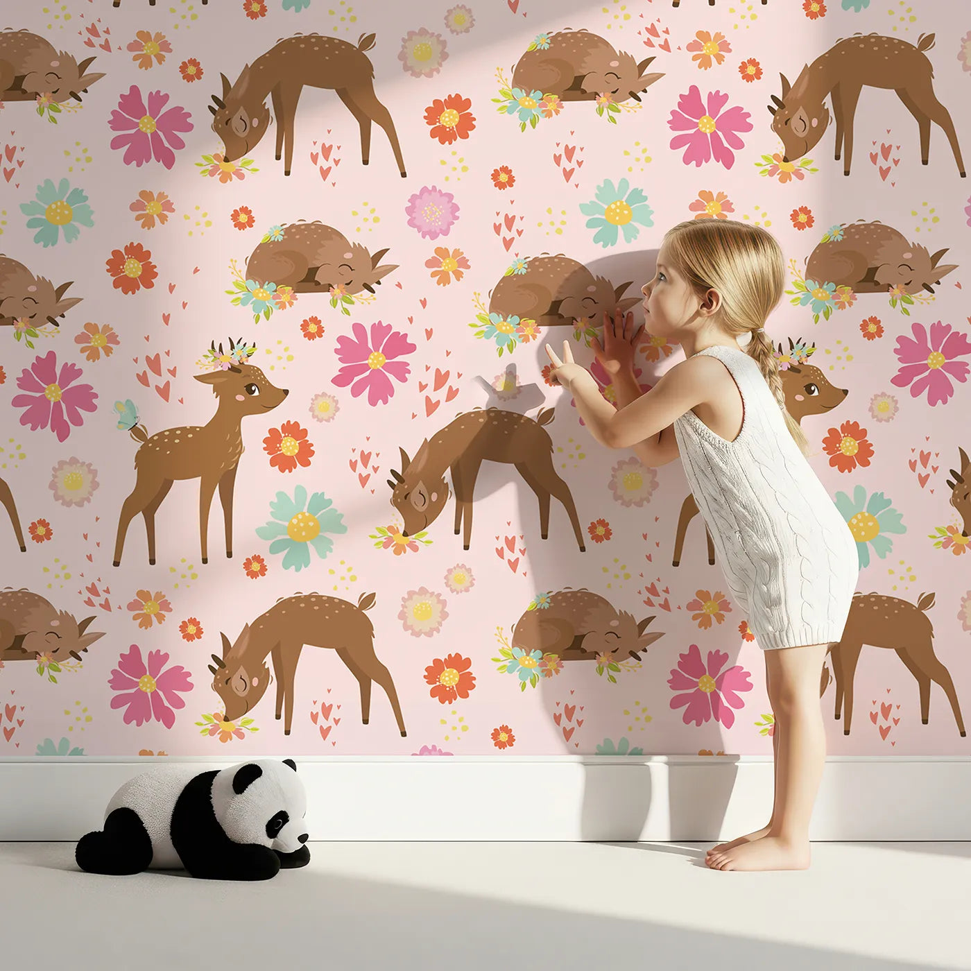 Lovely child standing in front of Whimsy Tots Blossom Meadow Deer Wallpaper in Blush Pink with deer, flower, butterfly, heart in design.