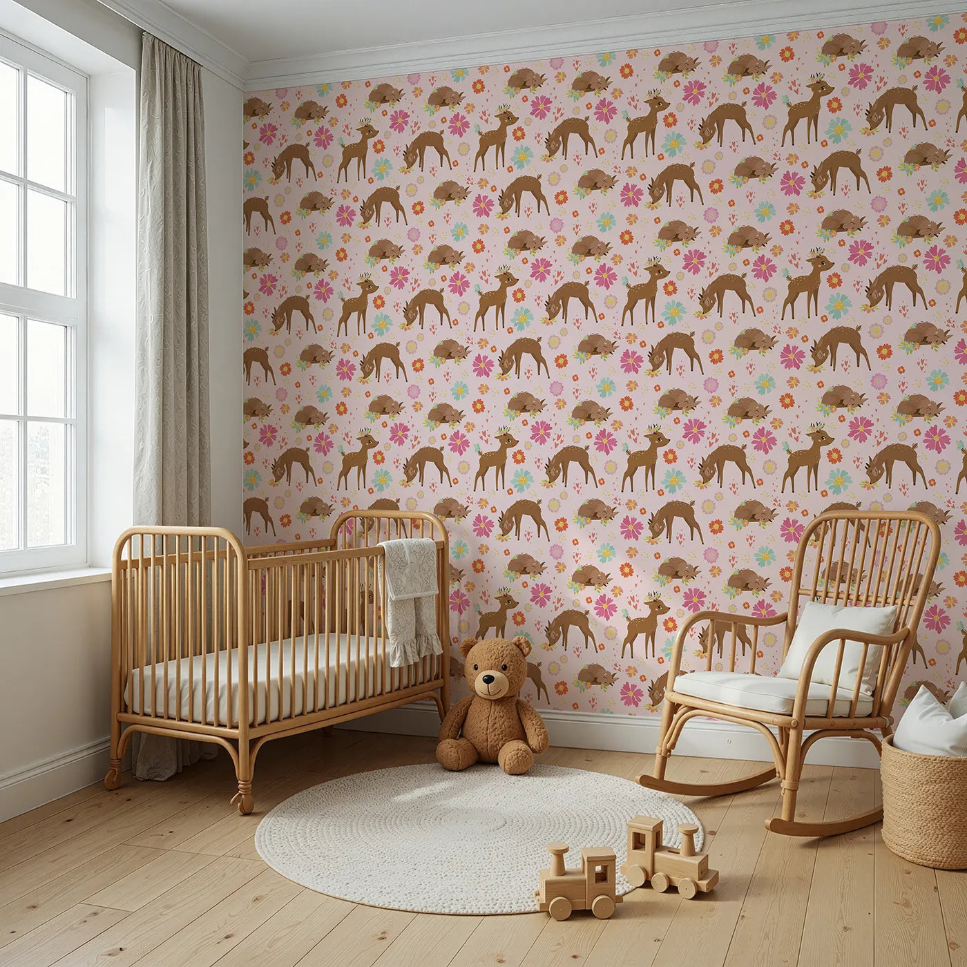 Angled view of Whimsy Tots' Blossom Meadow Deer Wallpaper in Blush Pink (W3166B).Gentle fawns wander through fields of pink blossoms and butterfly wishes.