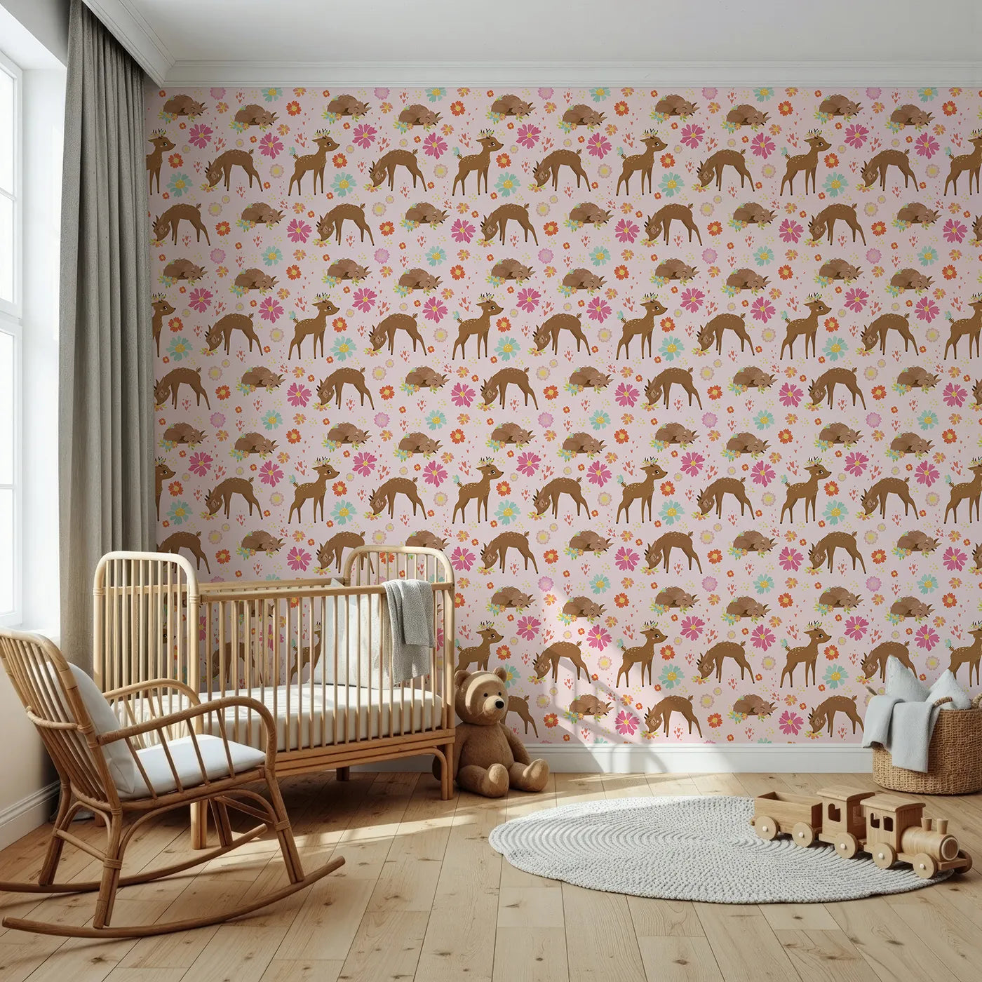 Front view of Whimsy Tots' Blossom Meadow Deer Wallpaper in Blush Pink