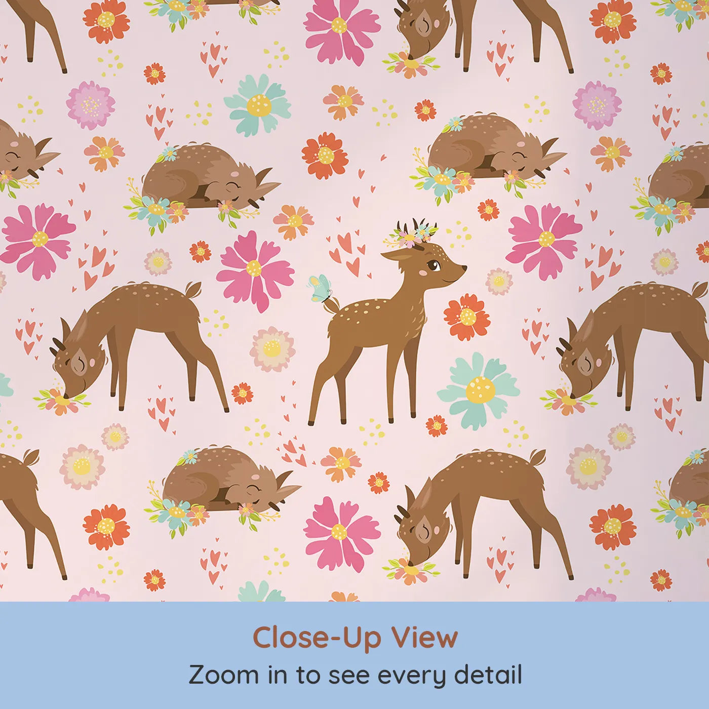 Close-up view of Whimsy Tots' Blossom Meadow Deer Wallpaper in Blush Pink (W3166B).Gentle fawns wander through fields of pink blossoms and butterfly wishes.