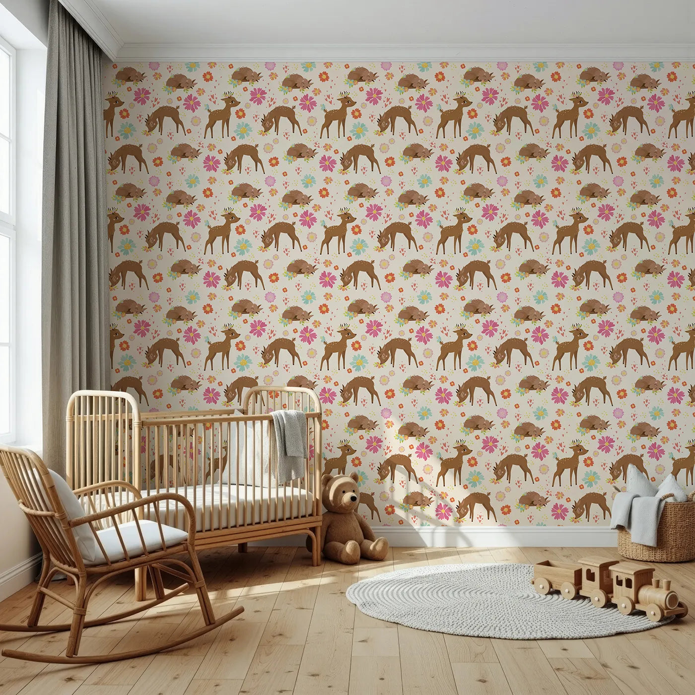 Front view of Whimsy Tots' Blossom Meadow Deer Wallpaper in Cream
