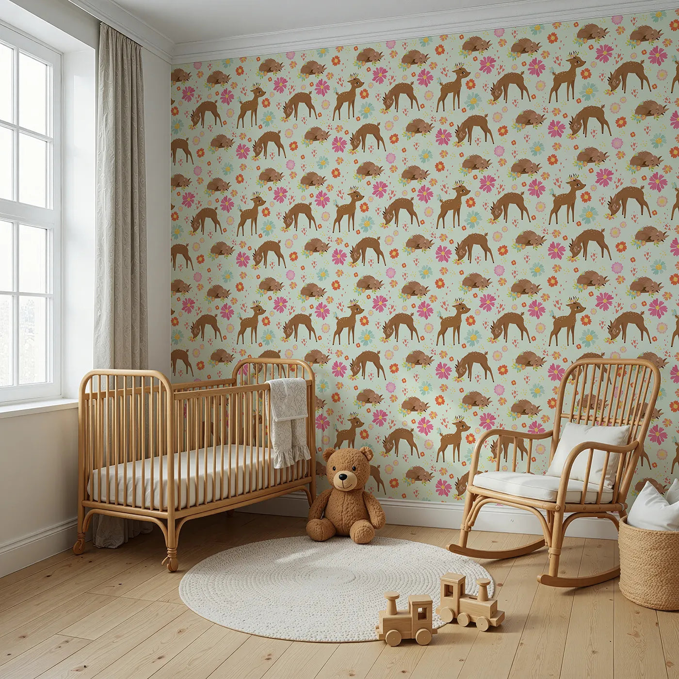 Angled view of Whimsy Tots' Blossom Meadow Deer Wallpaper in Mint Green (W3166D).Sweet fawns frolic through a mint-green meadow of hearts and flowers.