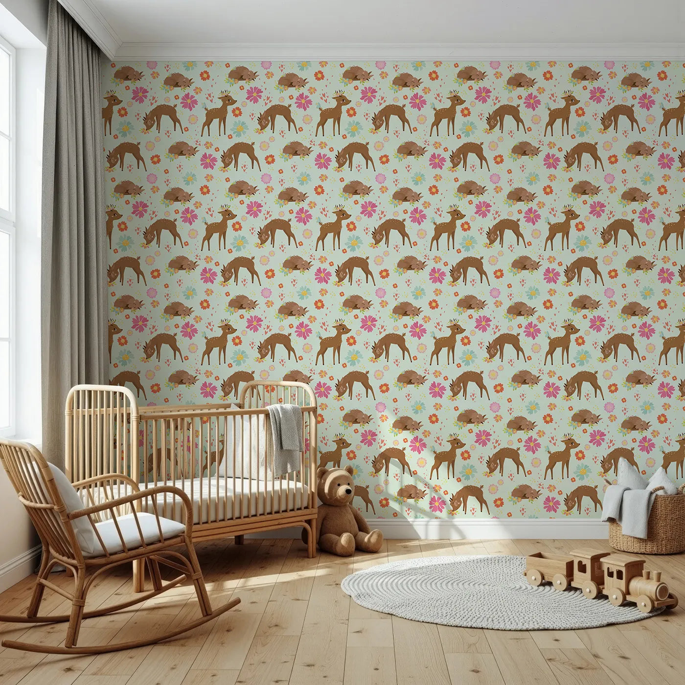 Front view of Whimsy Tots' Blossom Meadow Deer Wallpaper in Mint Green