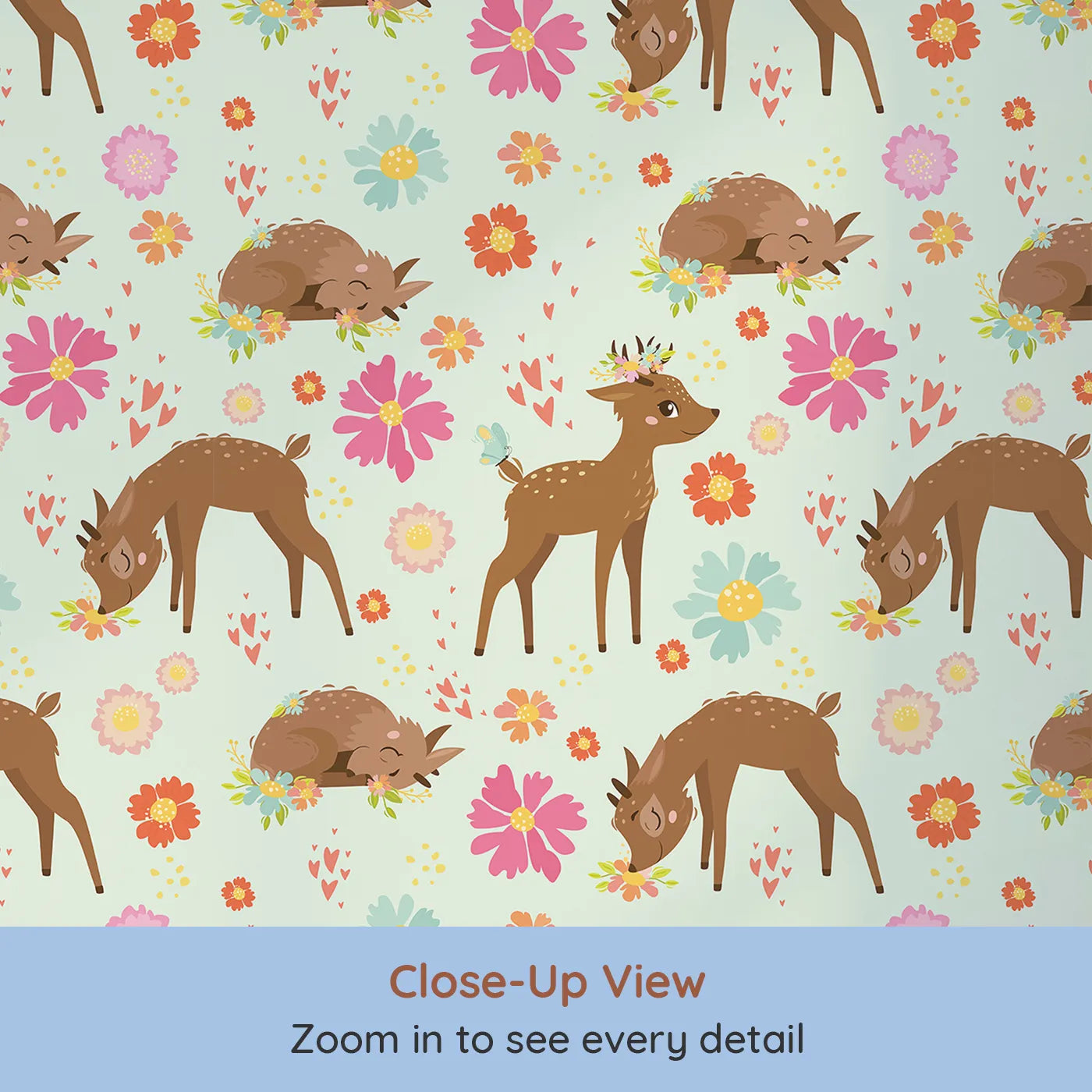 Close-up view of Whimsy Tots' Blossom Meadow Deer Wallpaper in Mint Green (W3166D).Sweet fawns frolic through a mint-green meadow of hearts and flowers.