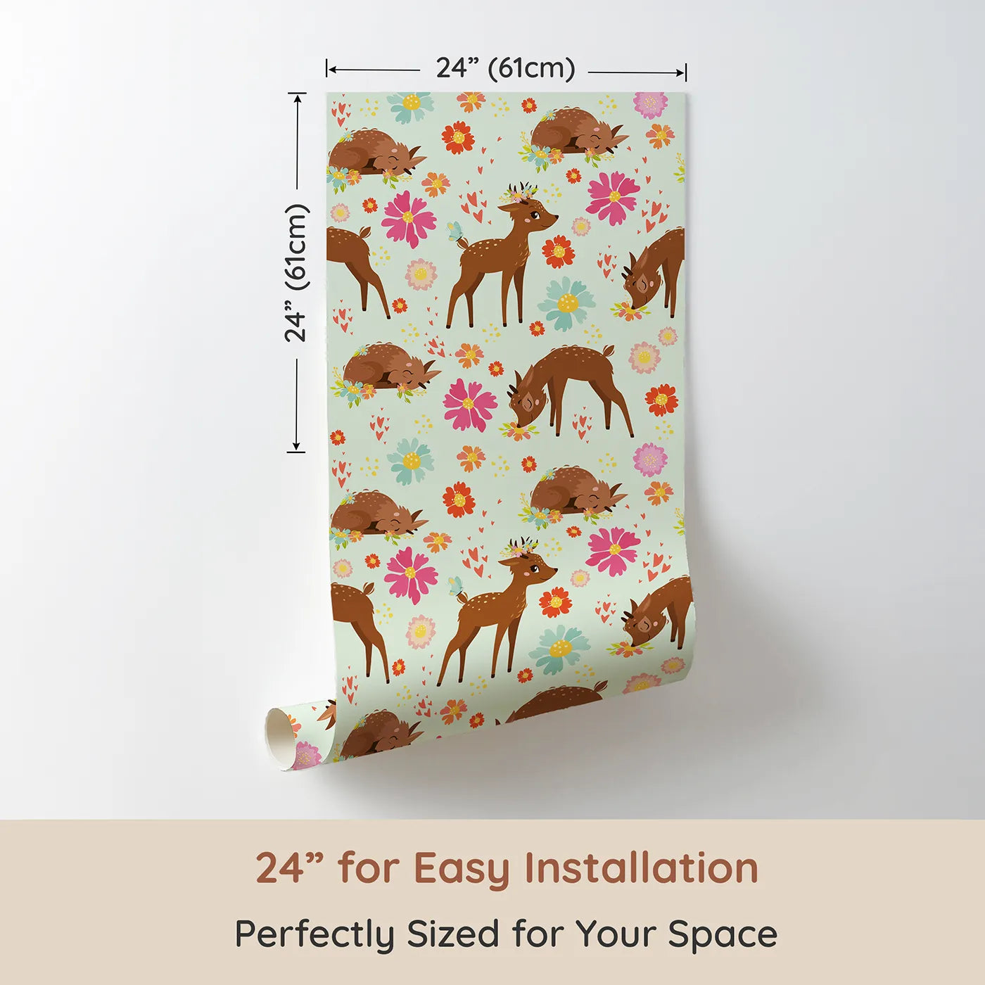 Dimension view of Whimsy Tots Blossom Meadow Deer Wallpaper in Mint Green (W3166D). Printed in 24-inch-wide panel for easy installation. Sweet fawns frolic through a mint-green meadow of hearts and flowers.