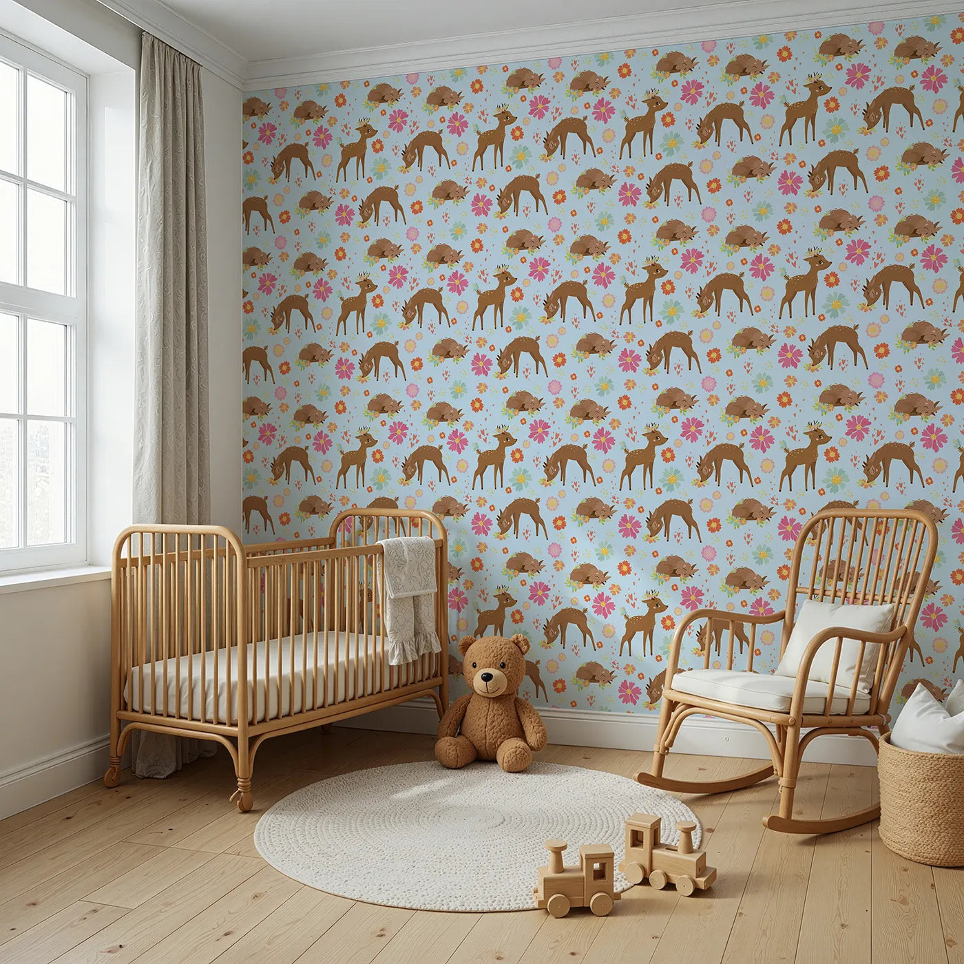 Angled view of Whimsy Tots' Blossom Meadow Deer Wallpaper in Blue (W3166E).Gentle fawns and colorful flowers bloom under a soft blue sky.